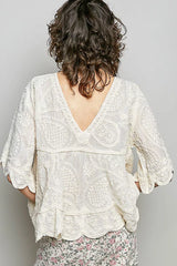 Trendsi POL V-Neck Crochet Blouse with Scalloped Hem -
