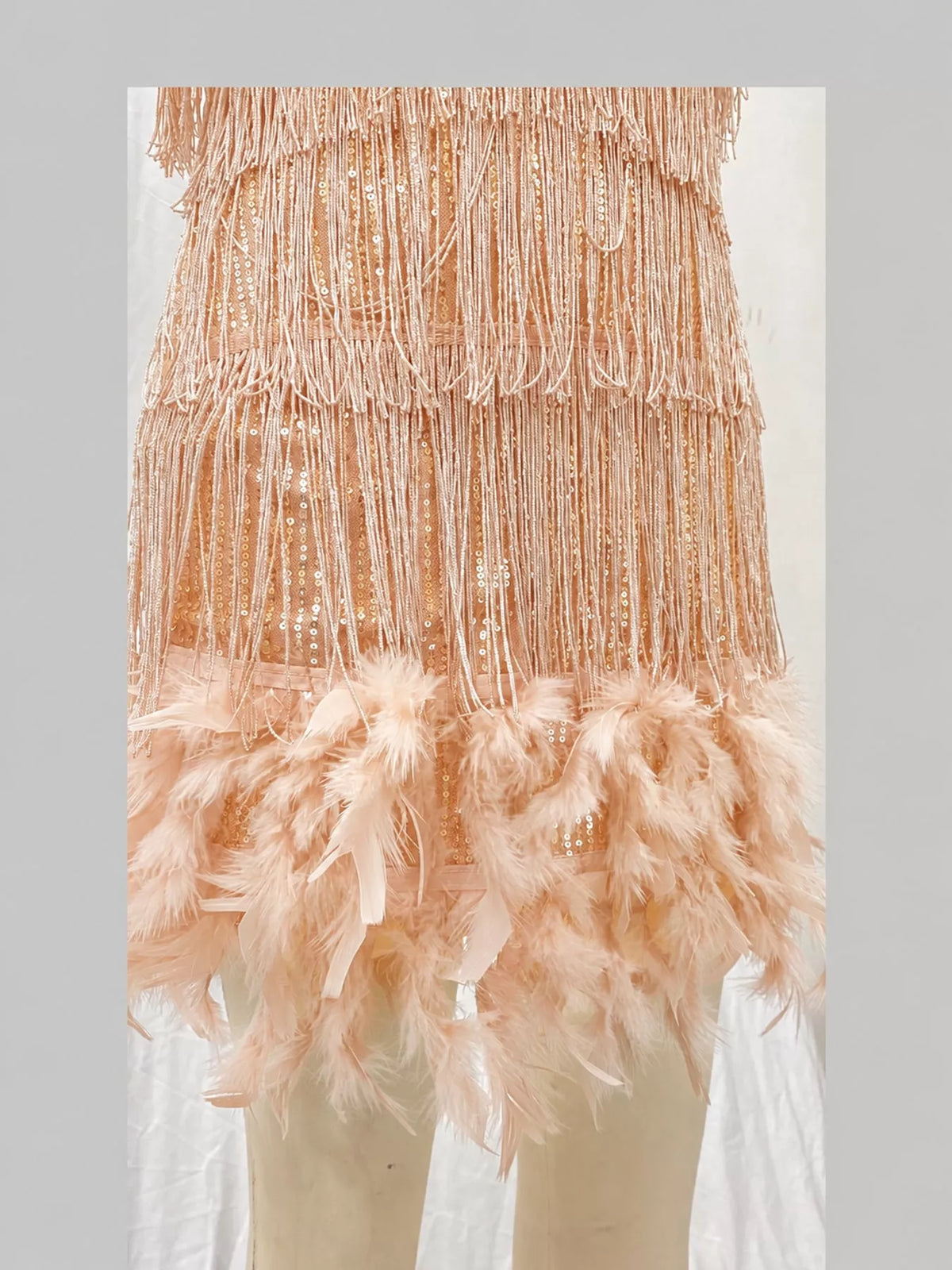 Peach feather fringe sequin mini dress, detail view