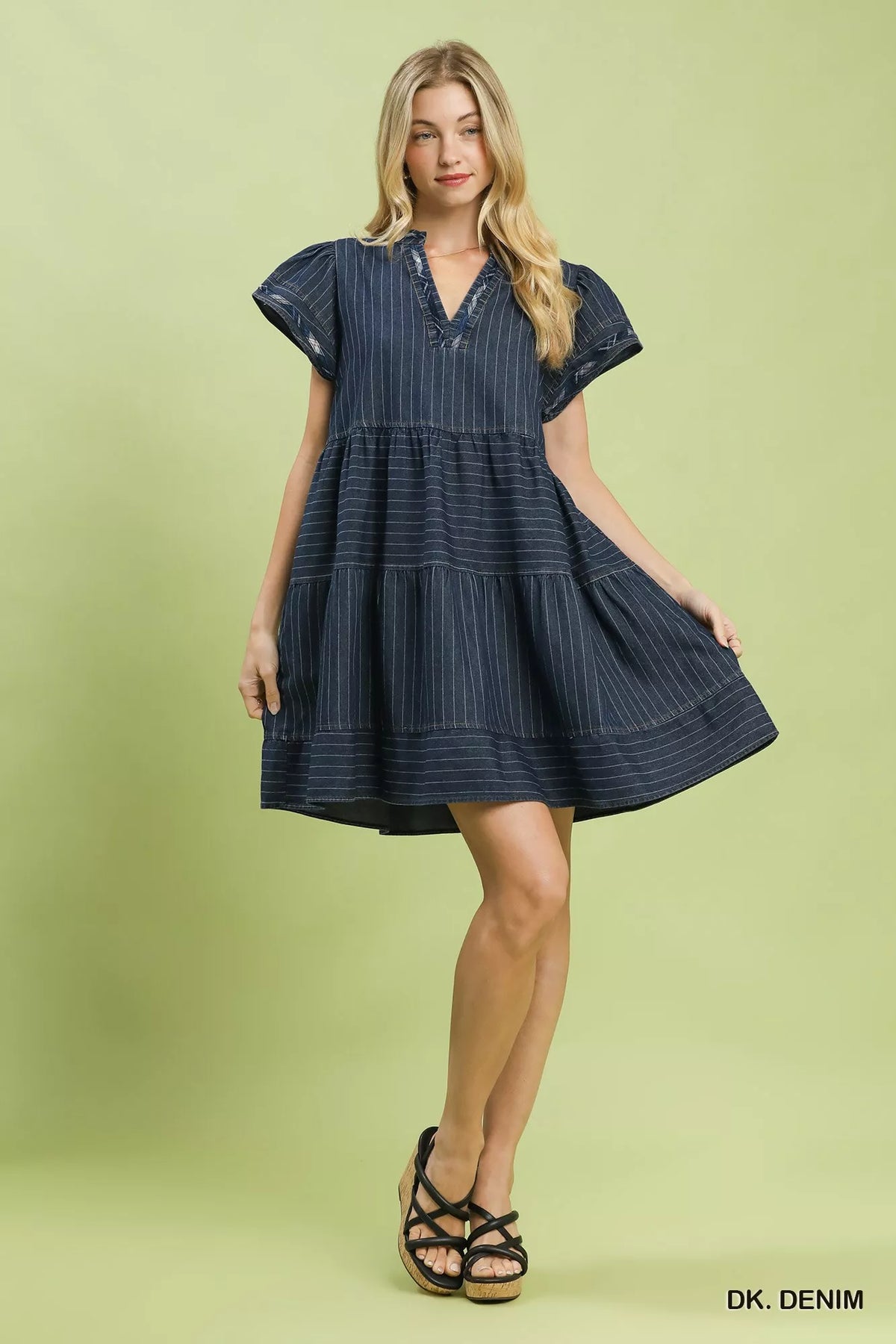 Women's striped chambray tiered babydoll dress with flutter sleeves - product view 4