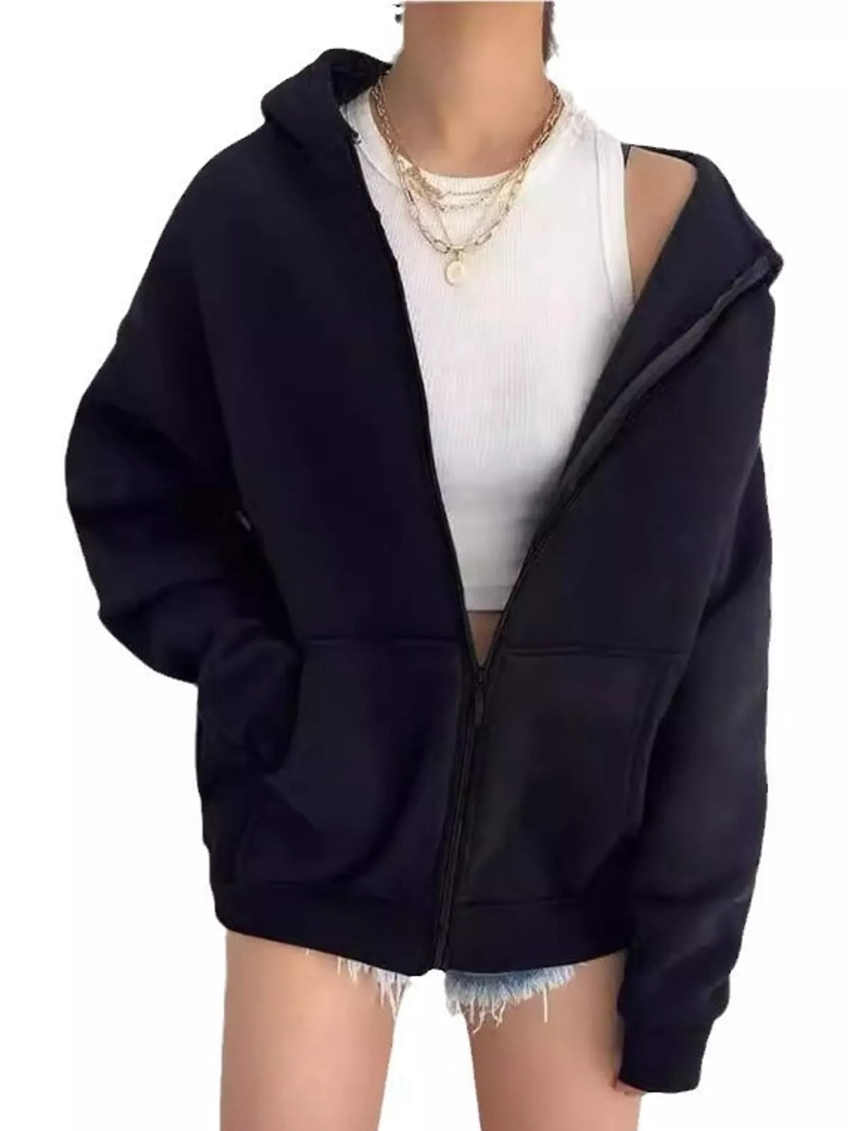 Women's Zip-Up Dropped Shoulder Hoodie in black — front view