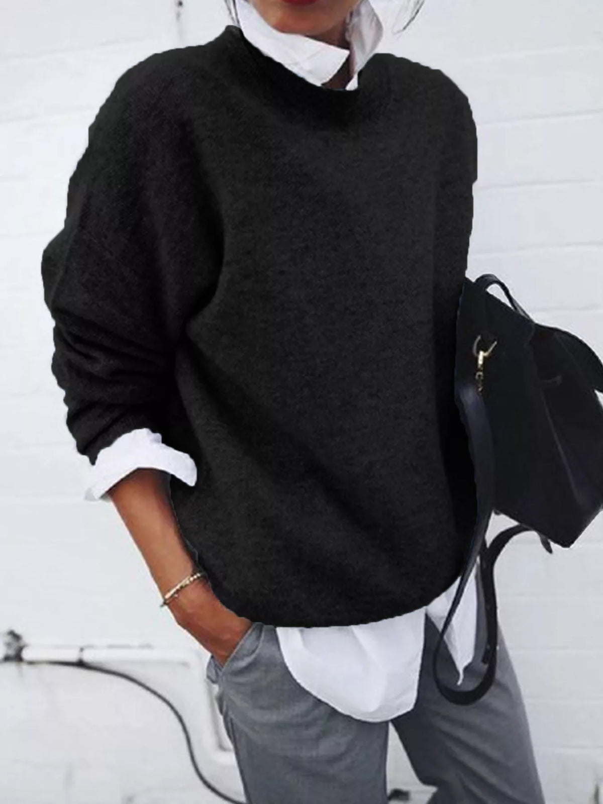 Black Round Neck Long Sleeve Sweater back view