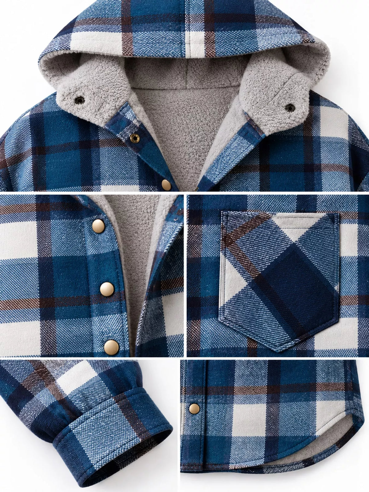 Lake Blue plaid hooded button up jacket