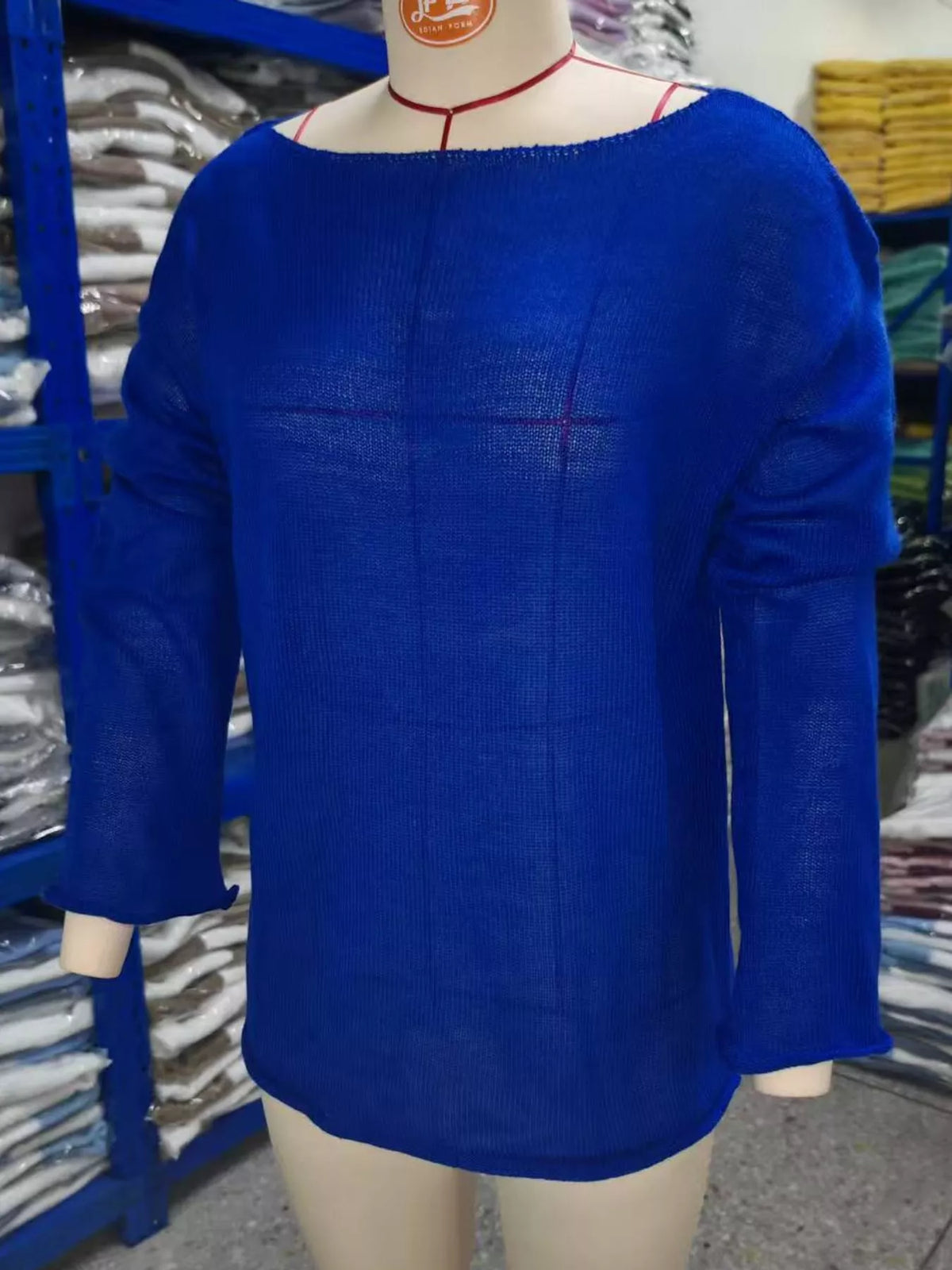 Blue sheer openwork knit long sleeve top