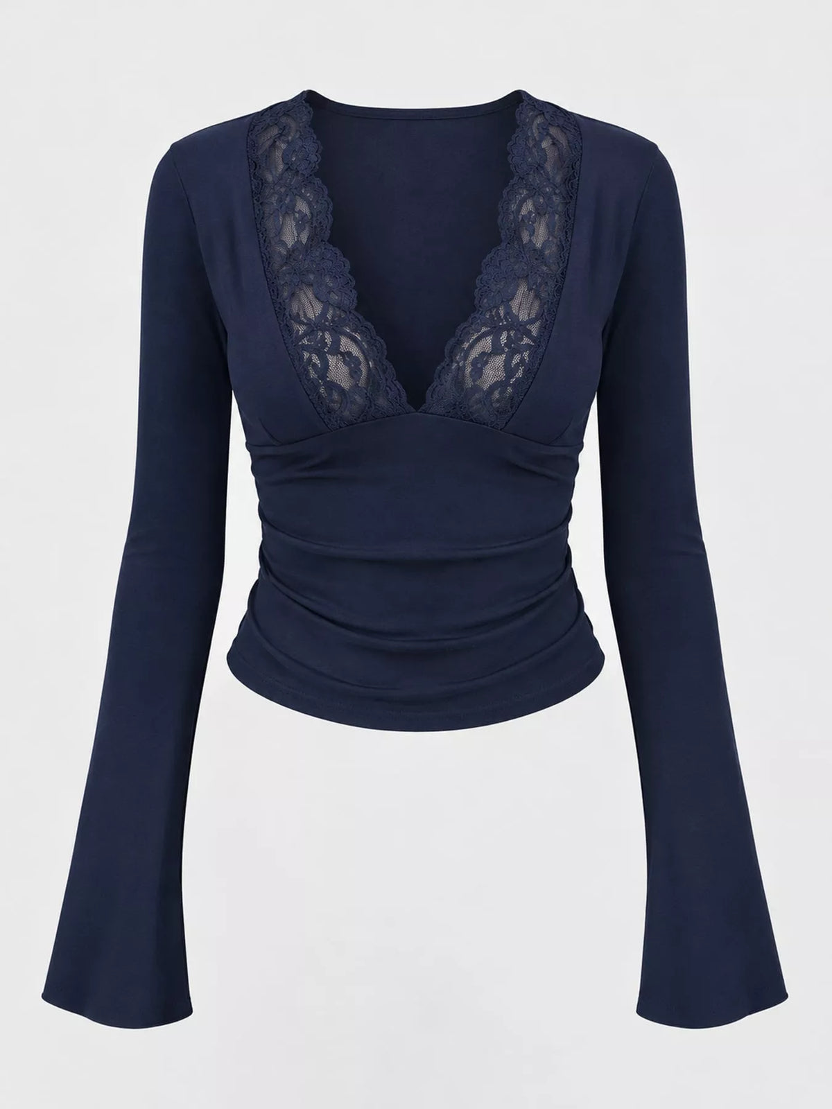 Royal Blue lace trim v-neck long sleeve slim fit t-shirt