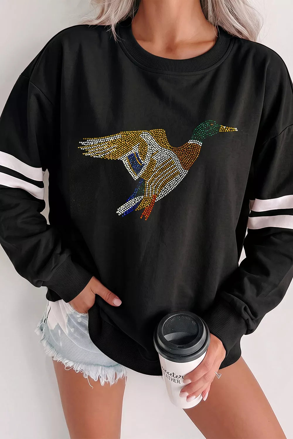 Black rhinestone mallard striped-sleeve sweatshirt, front view