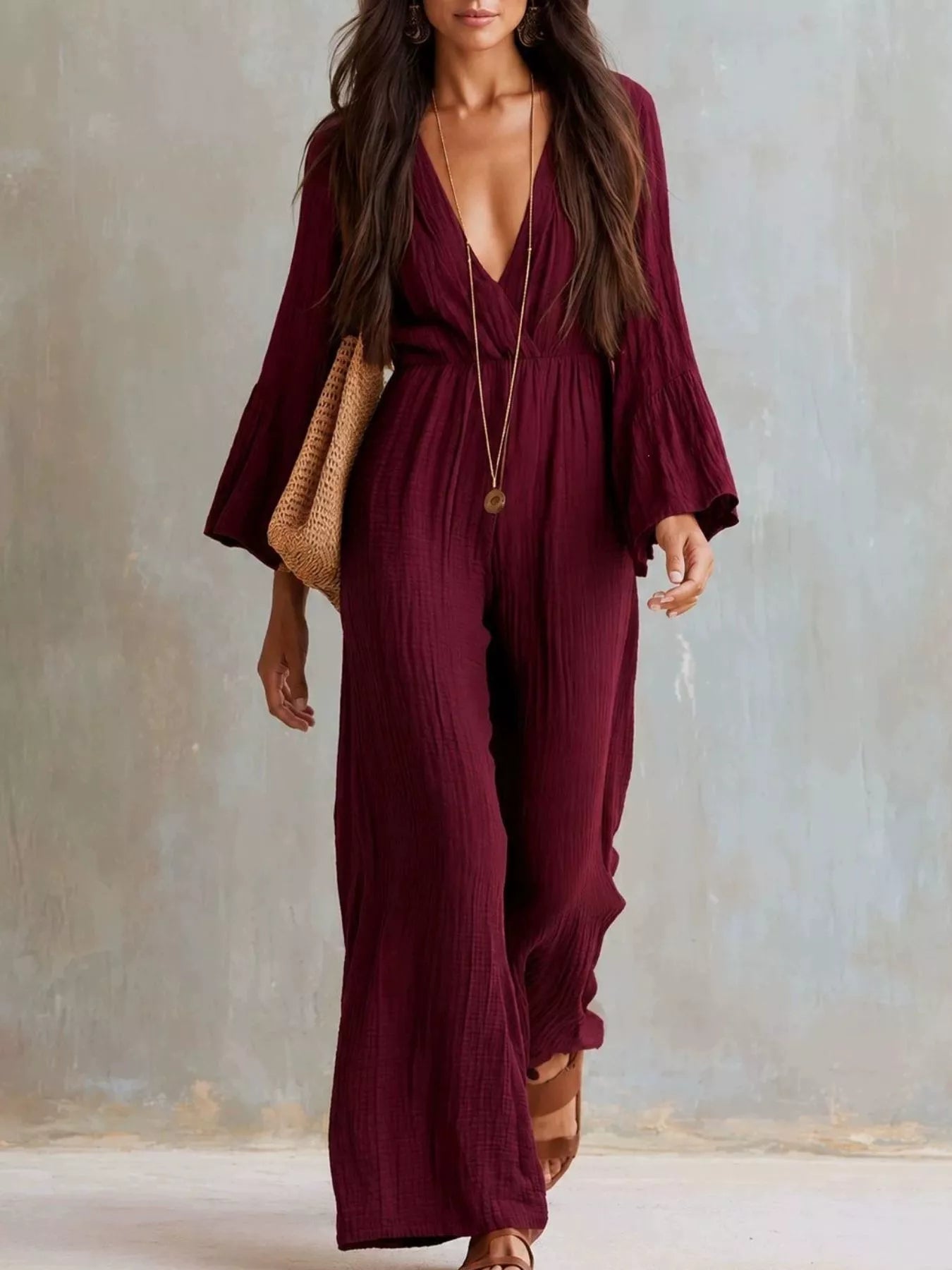Trendsi Textured Flare Sleeve Jumpsuit -