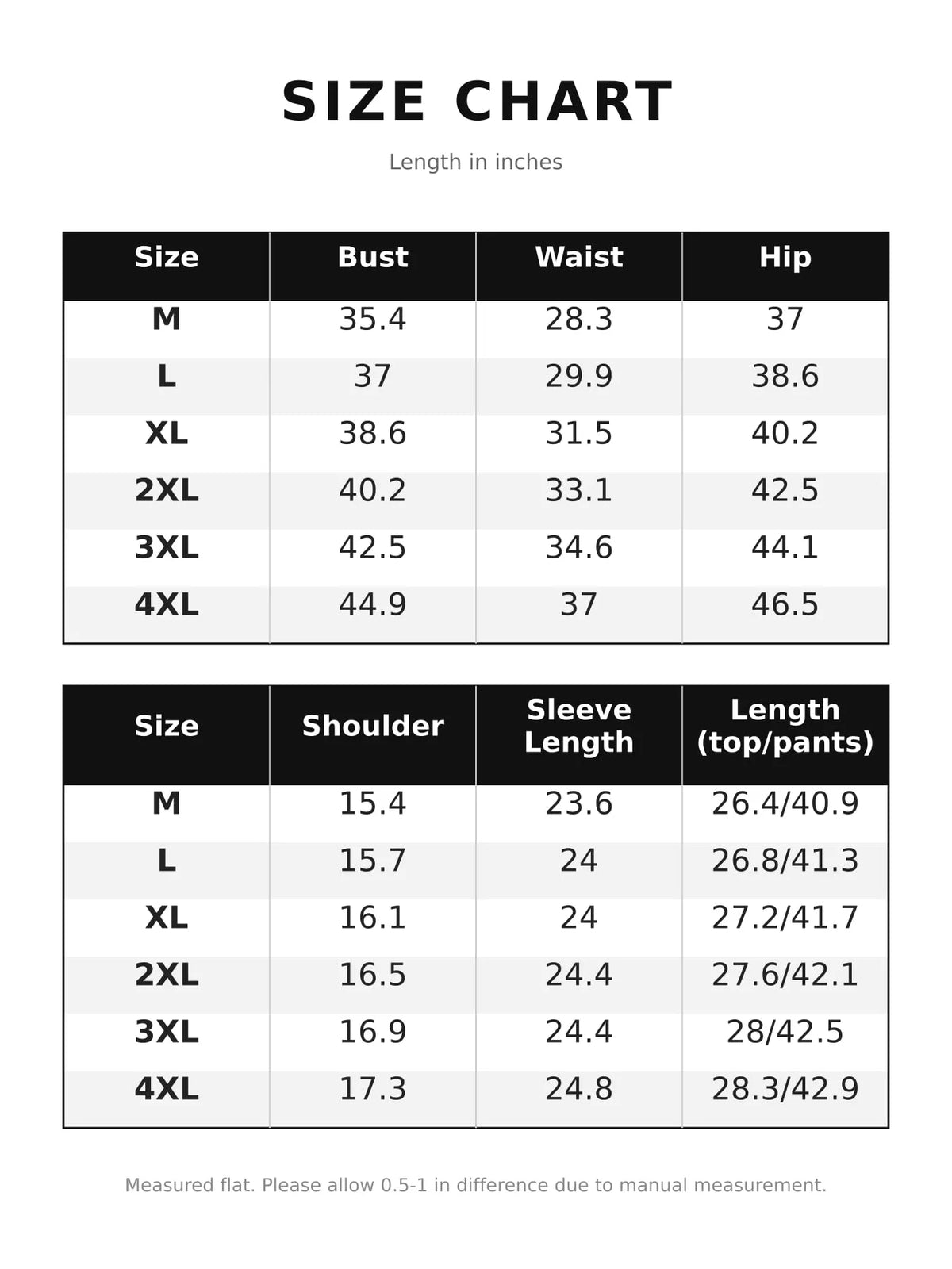 Size chart for one-button blazer and flared pants set