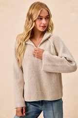 Trendsi BiBi Two Tone Rib Texured Knit Collared Top with Zip Up -