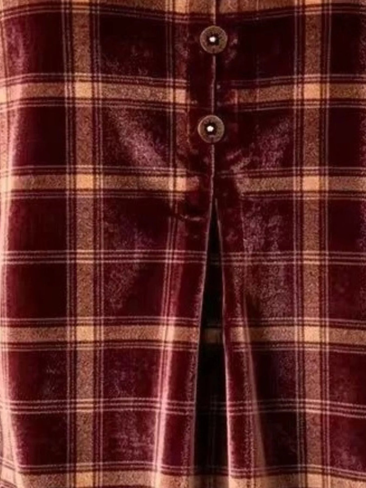 Burgundy plaid velvet balloon-sleeve blouse, buttons and plaid close-up