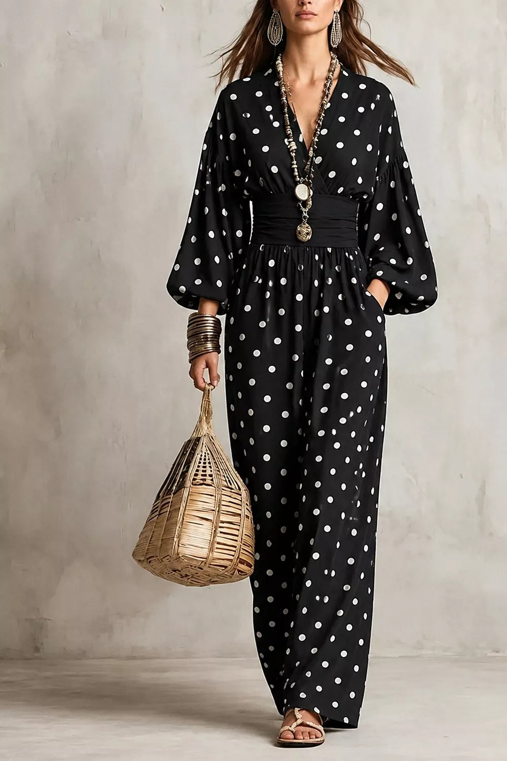 Women's Polka Dot Wide-Leg Jumpsuit in Black, front view