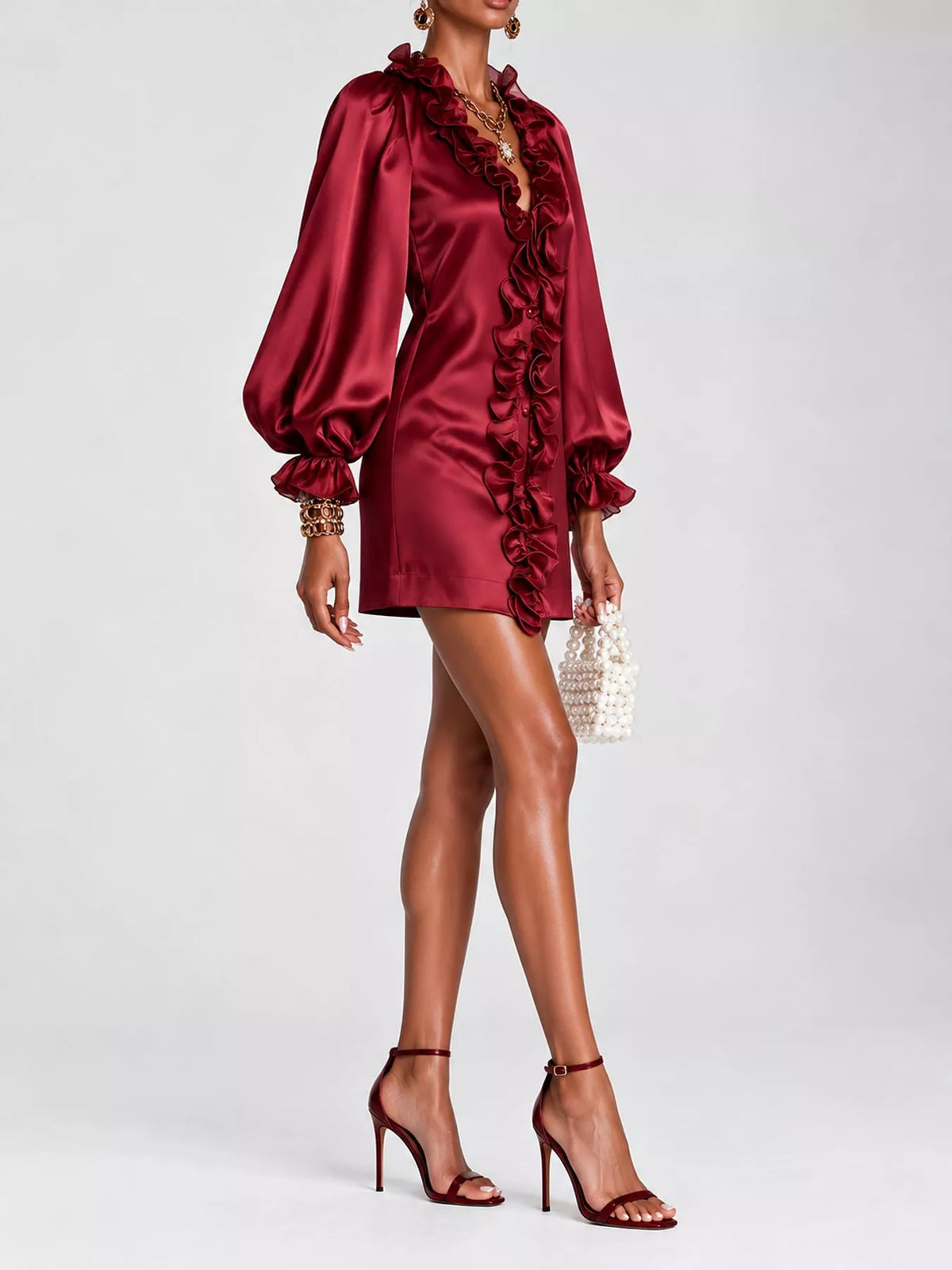 Ruffle Trim Puff Sleeve Mini Dress in burgundy, side view