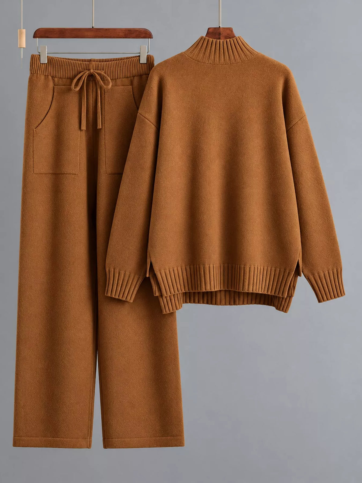 Mock Neck Sweater and Wide-Leg Pants Knit Set — garment front