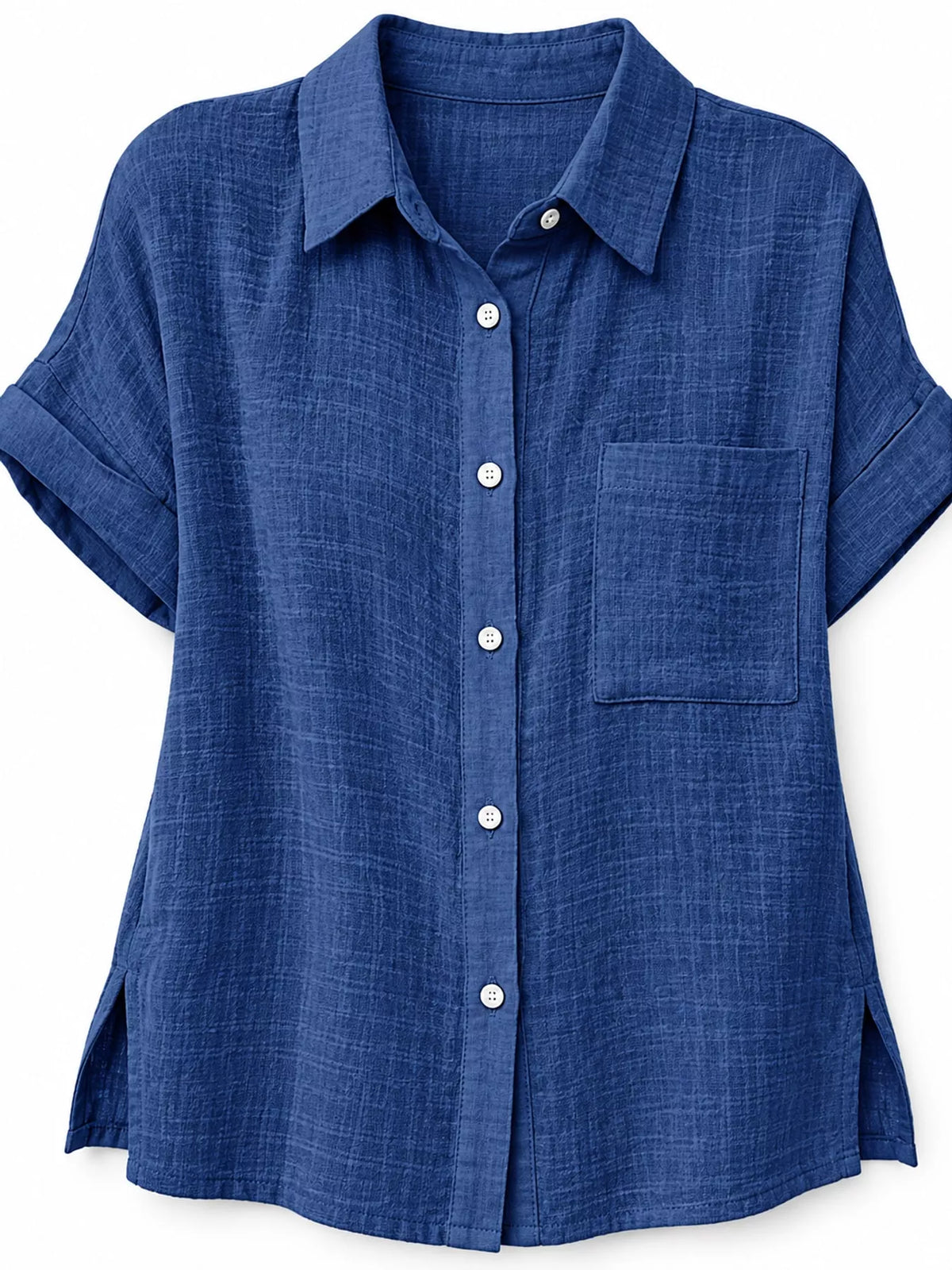 Women's Button Up Short Sleeve Shirt in blue — collar detail view