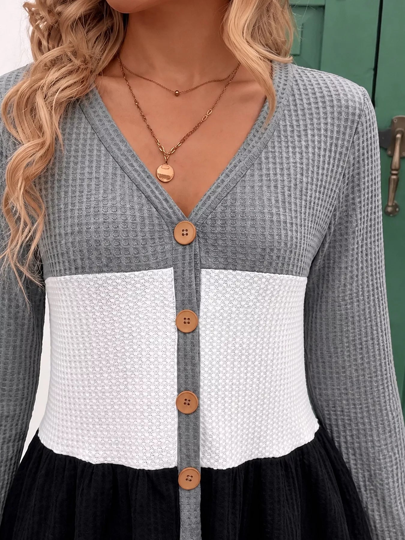 Trendsi Color Block Waffle Knit Button-Down Cardigan -