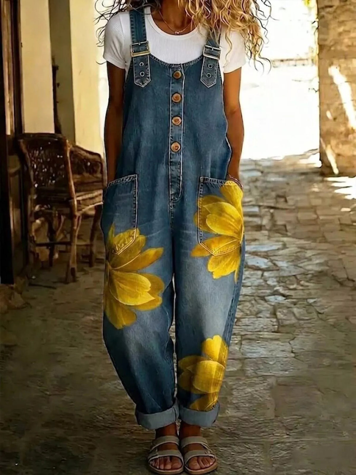 Blue and yellow floral floral print button front overalls — front view