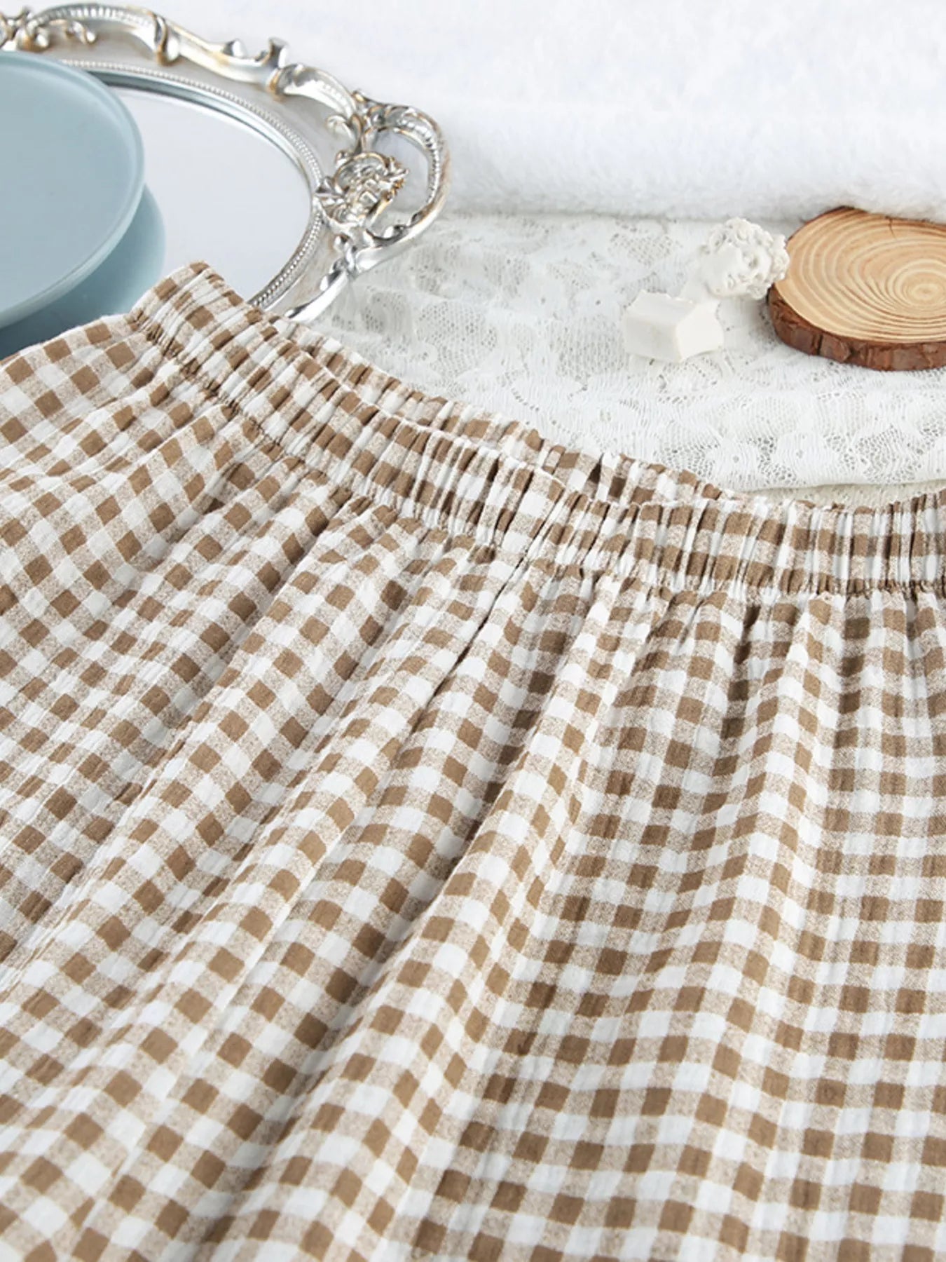 Trendsi Gingham Ruffle-Trim Top and Pants Lounge Set -