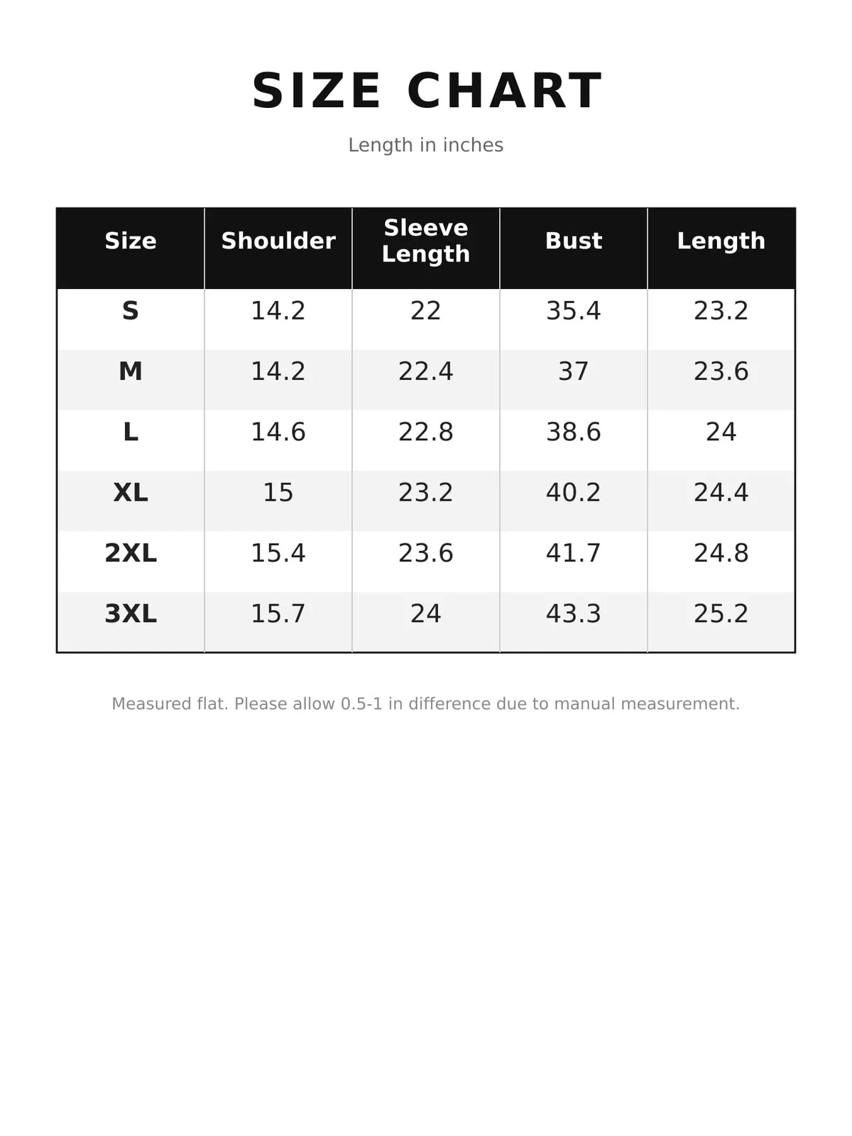 Size chart for lace long sleeve shirt
