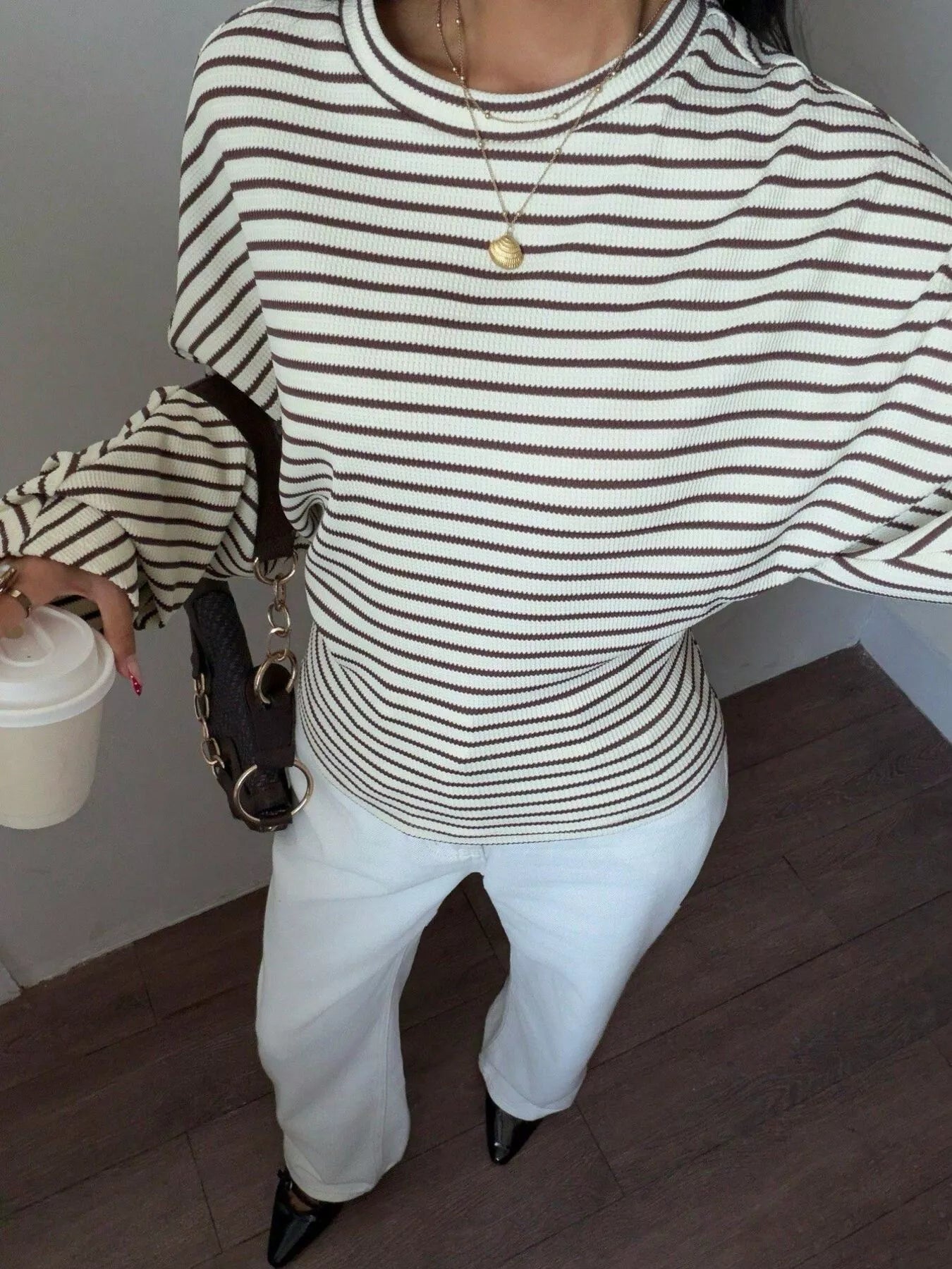 Trendsi Casual Striped Batwing Sleeve T-Shirt -