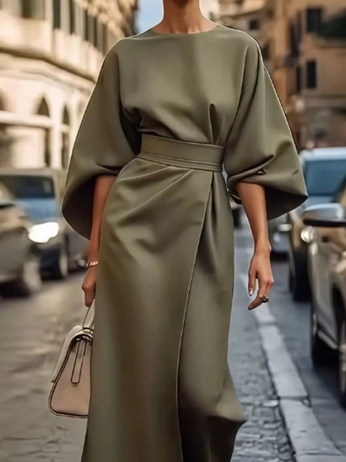 Army Green round neck kimono sleeve midi dress
