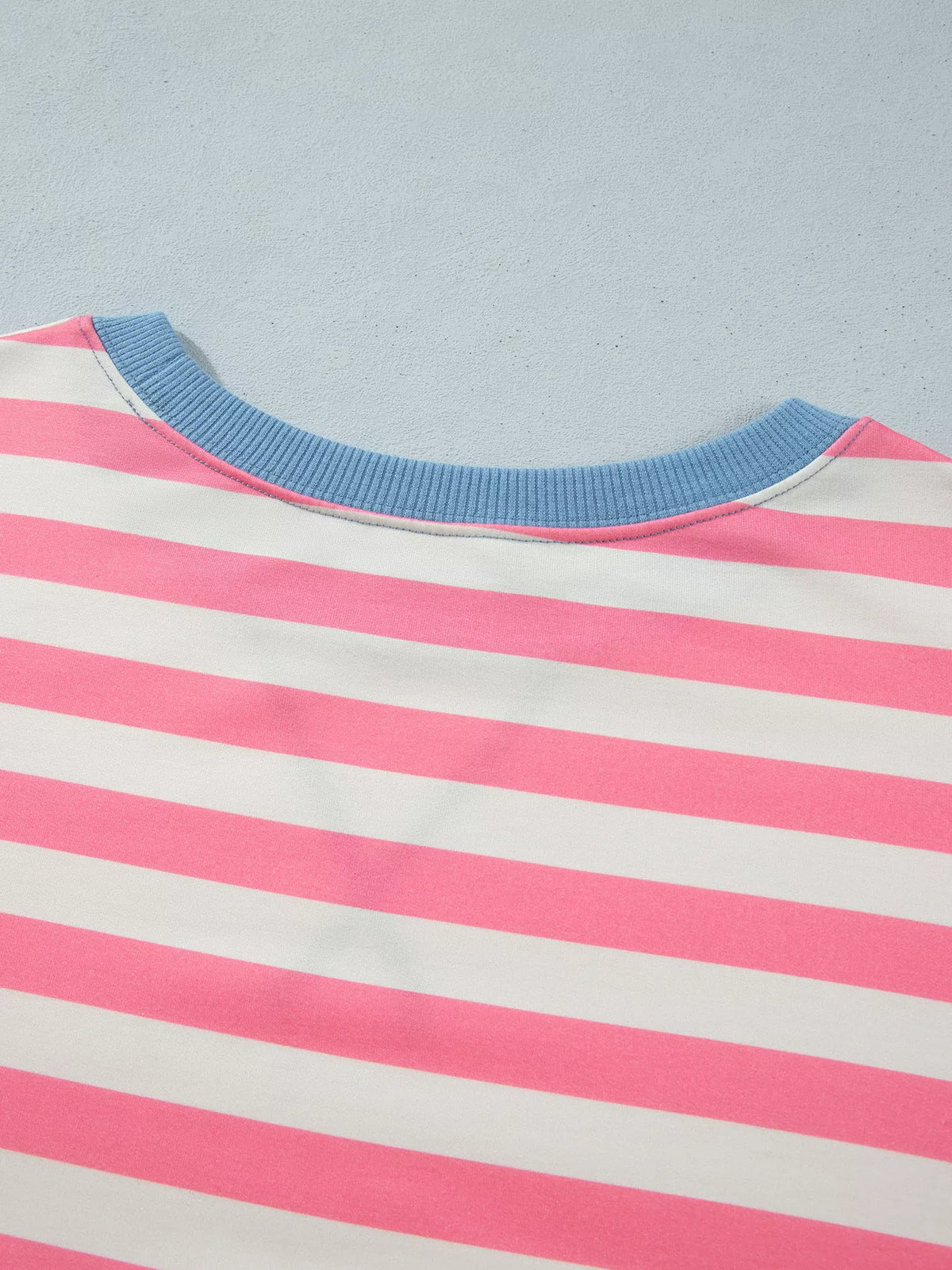 Pink white and blue striped crewneck tunic sweatshirt, back neckline detail