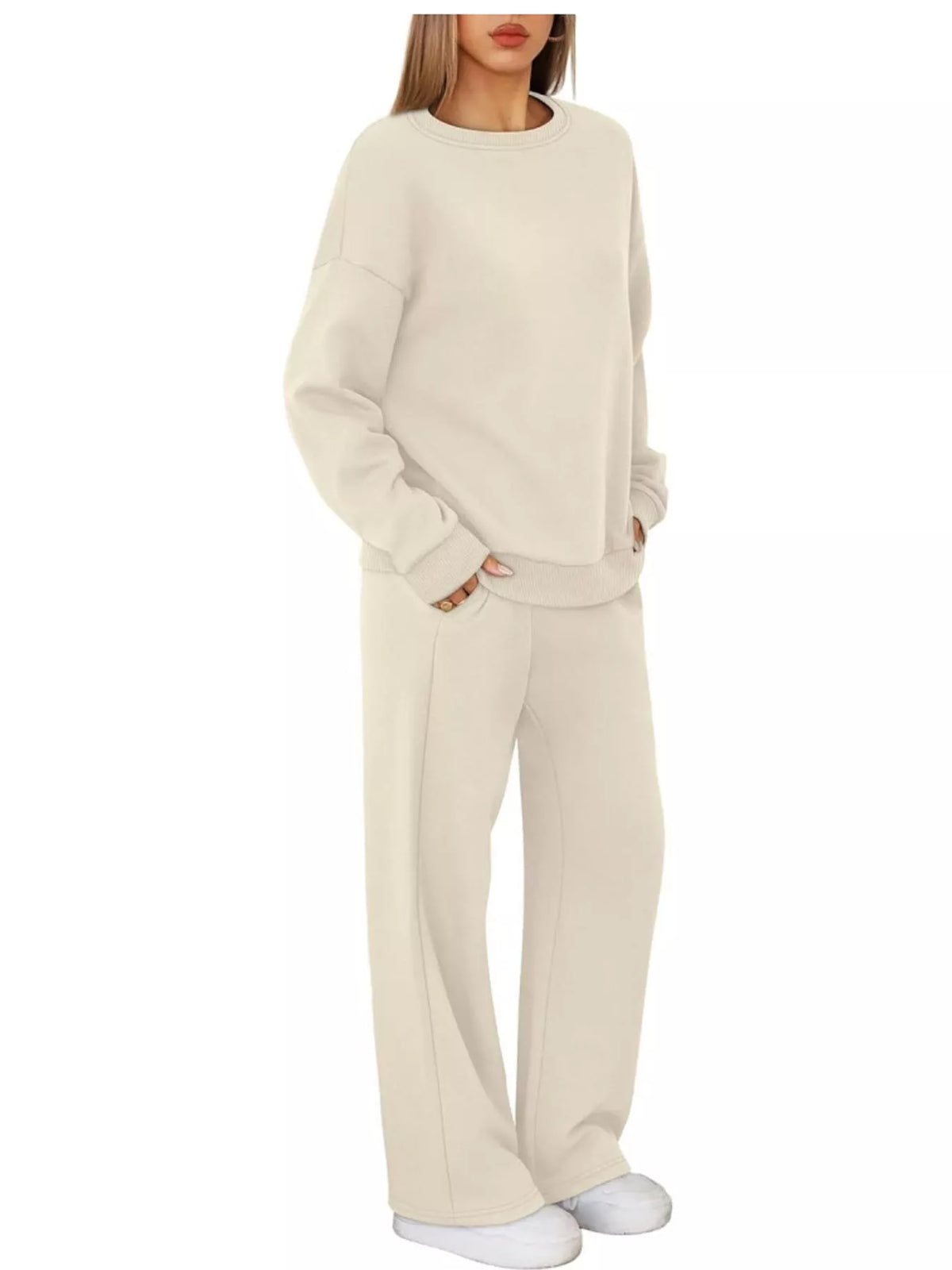 Crewneck Drop Shoulder Sweatshirt and Wide-Leg Pants Set — front view
