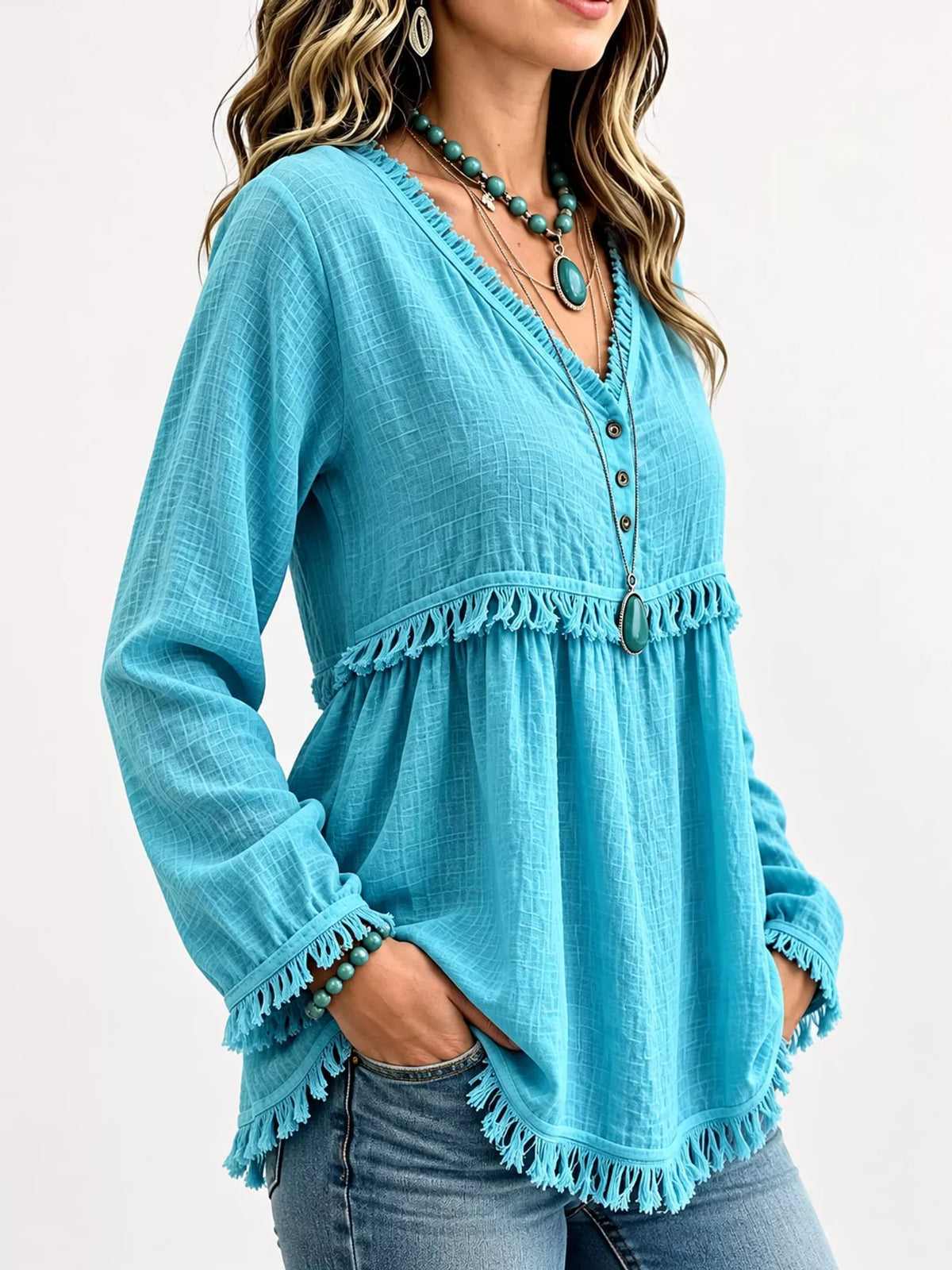 Fringe-trim blouse, turquoise side