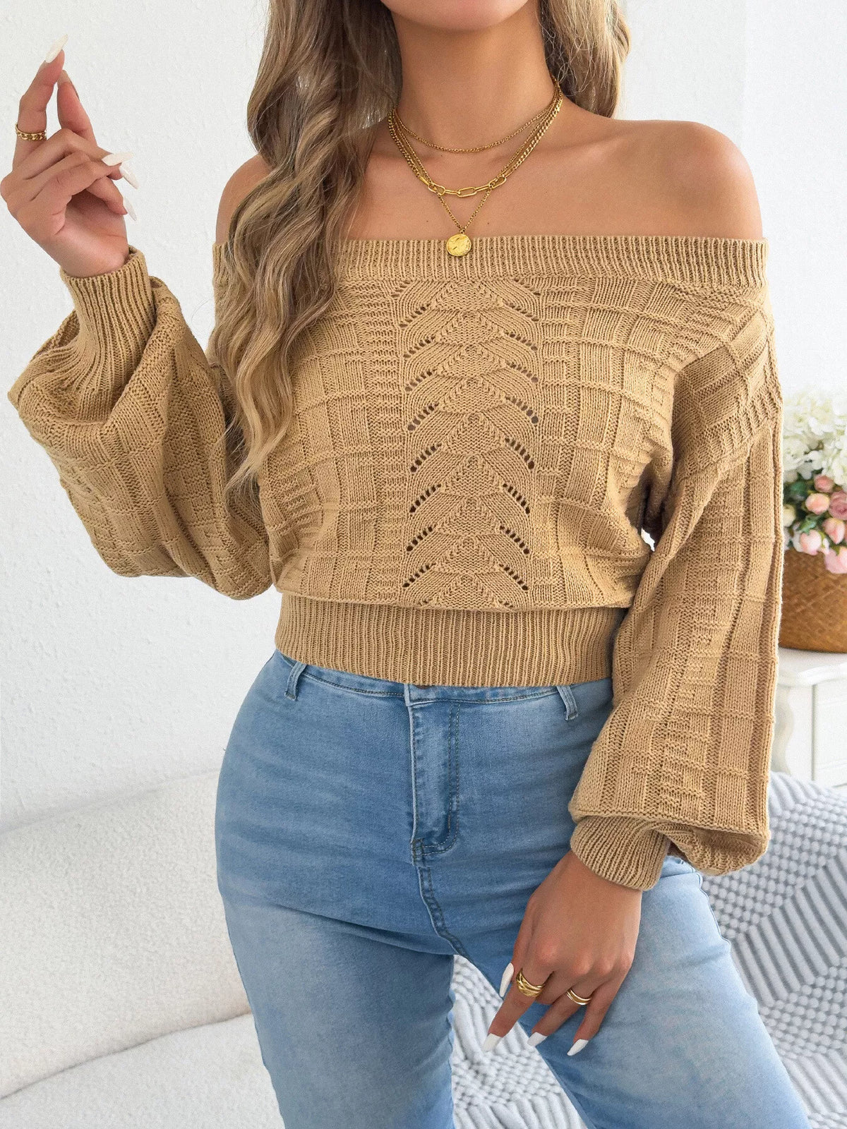 Khaki off-shoulder openwork cropped sweater