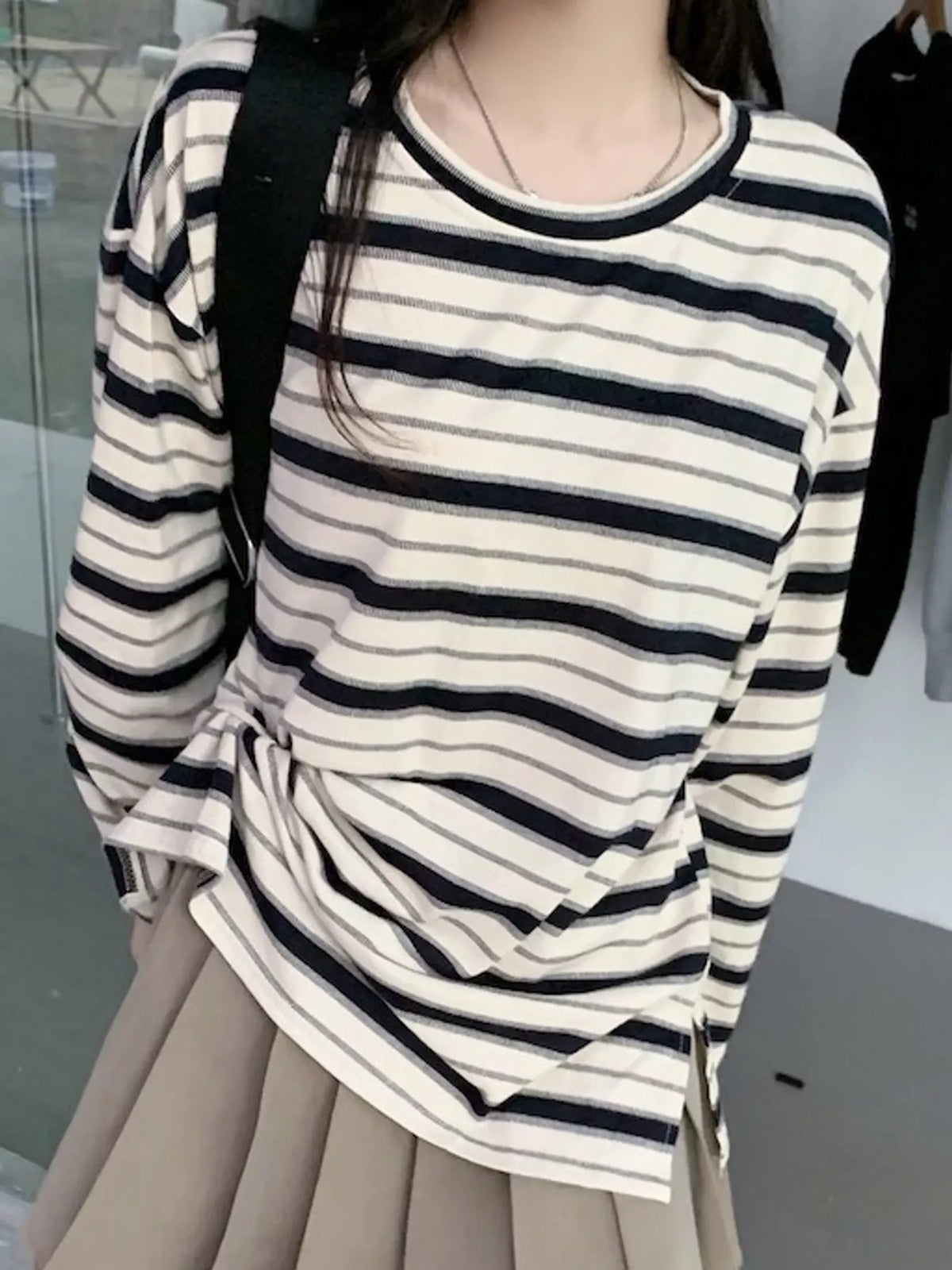 Cream and black striped oversized T-shirt, front neckline view