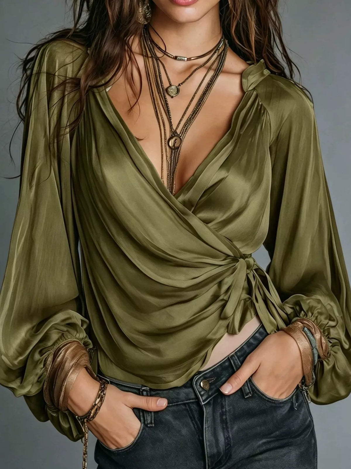 Satin blouse, olive front