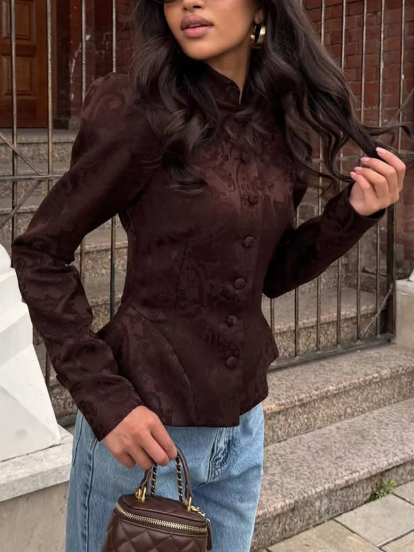 Trendsi Jacquard Peplum Puff Sleeve Outerwear -