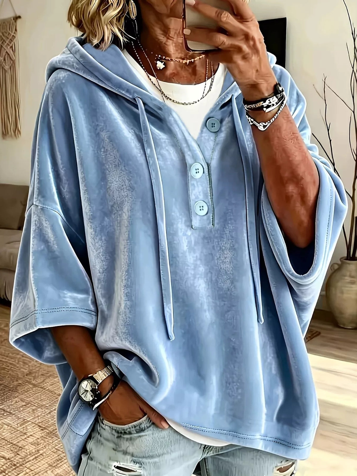Velvet Button Hoodie in light blue, front view