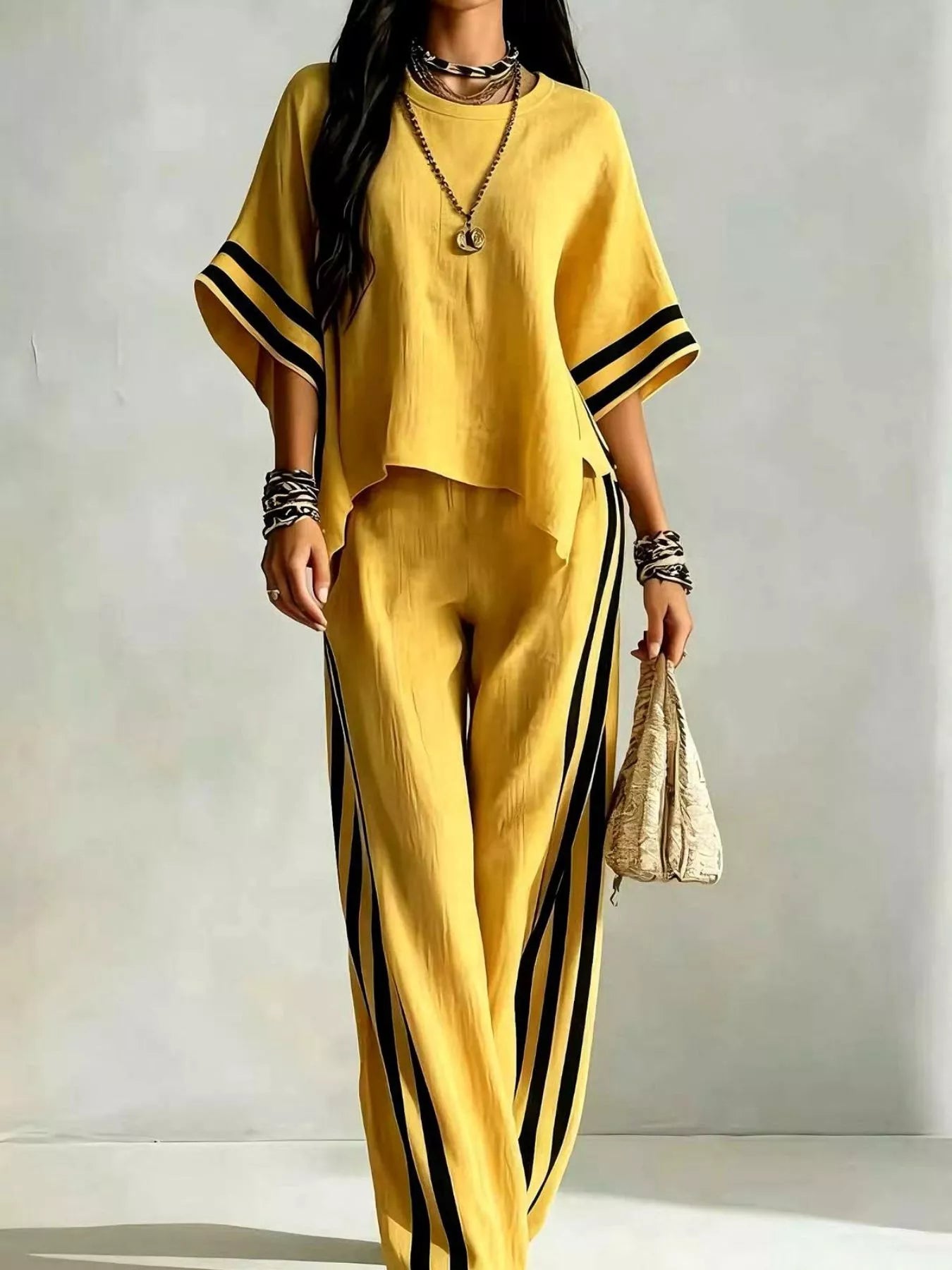 Trendsi Full Size Striped 3/4 Sleeve Top and Pants Set Plus Size -