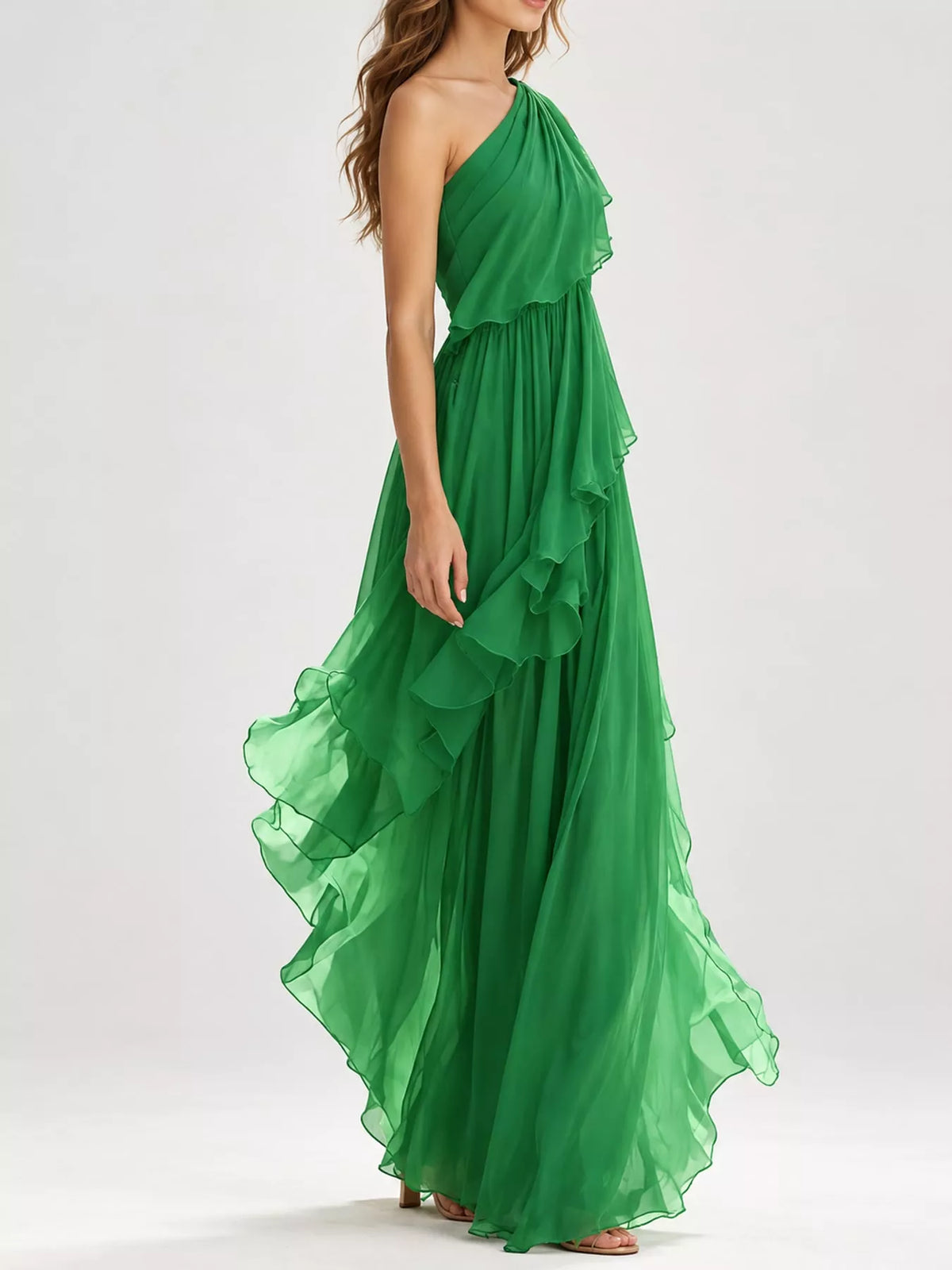 Women's One-Shoulder Ruffled Chiffon Maxi Dress in green — side view