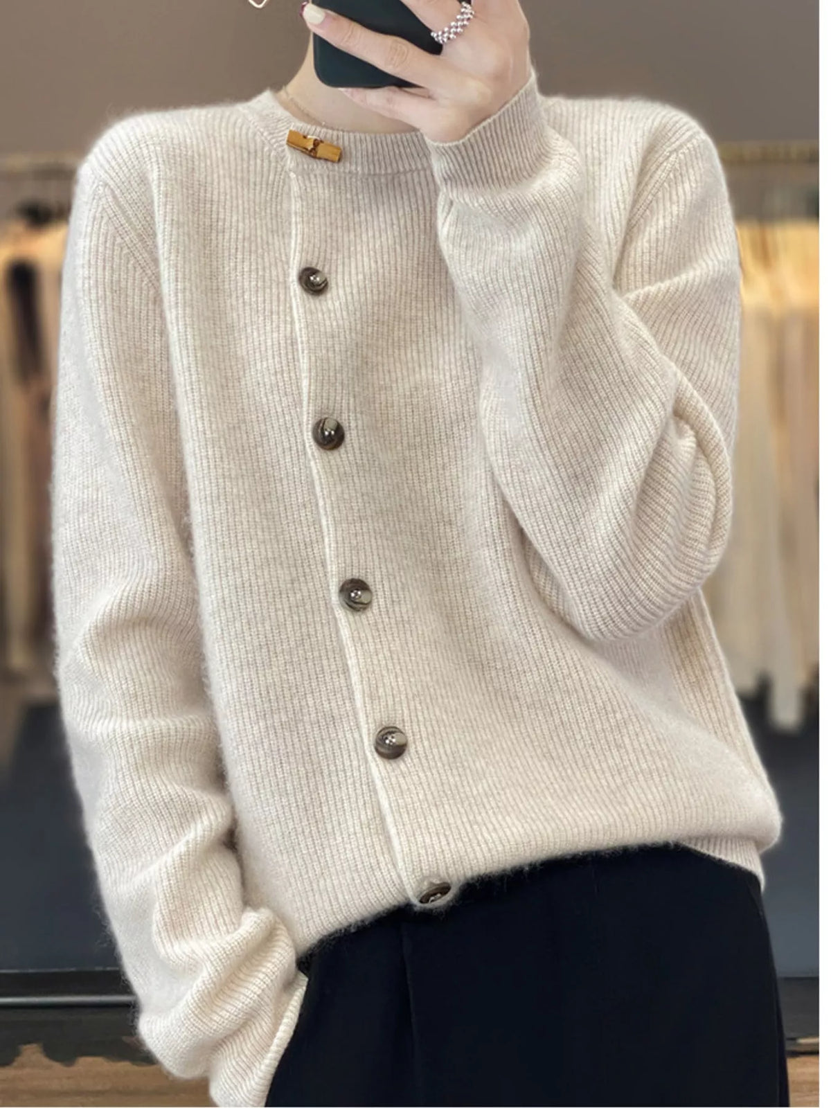 Pearl Barley ribbed knit asymmetrical button cardigan