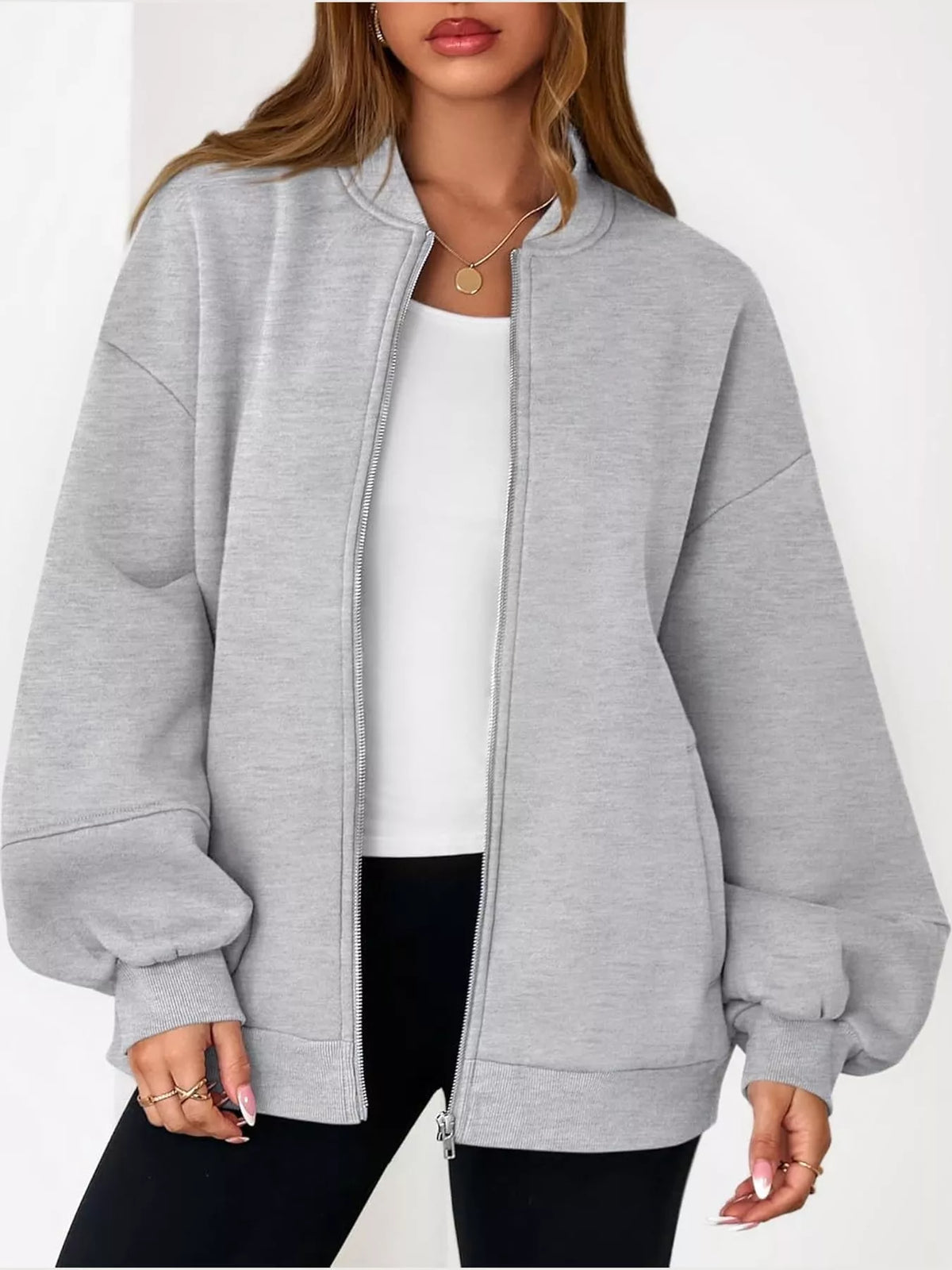 Gray oversized zip-up jacket — front view