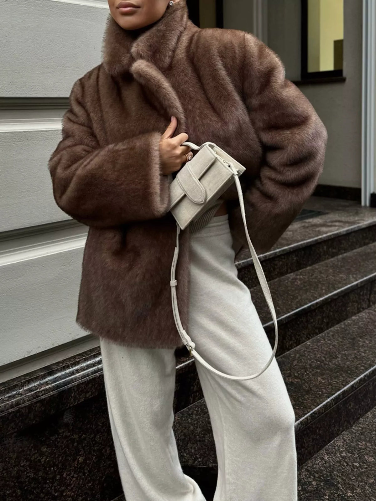 Faux Fur Open Front Coat in brown