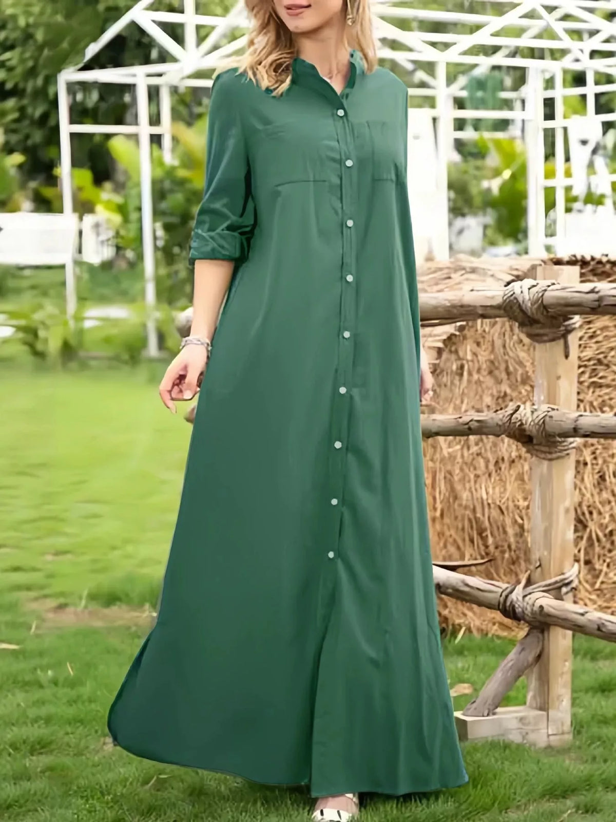 Mandarin neck long sleeve maxi dress, front view on model