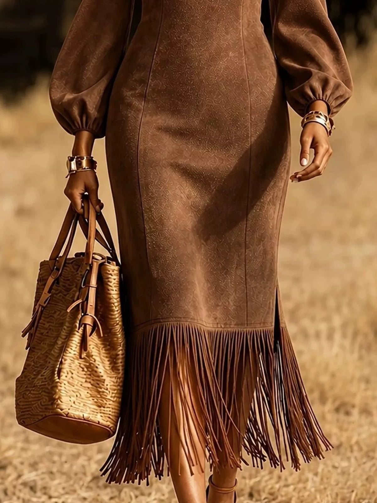 Women's Fringe Round Neck Balloon Sleeve Dress in brown — hem detail view