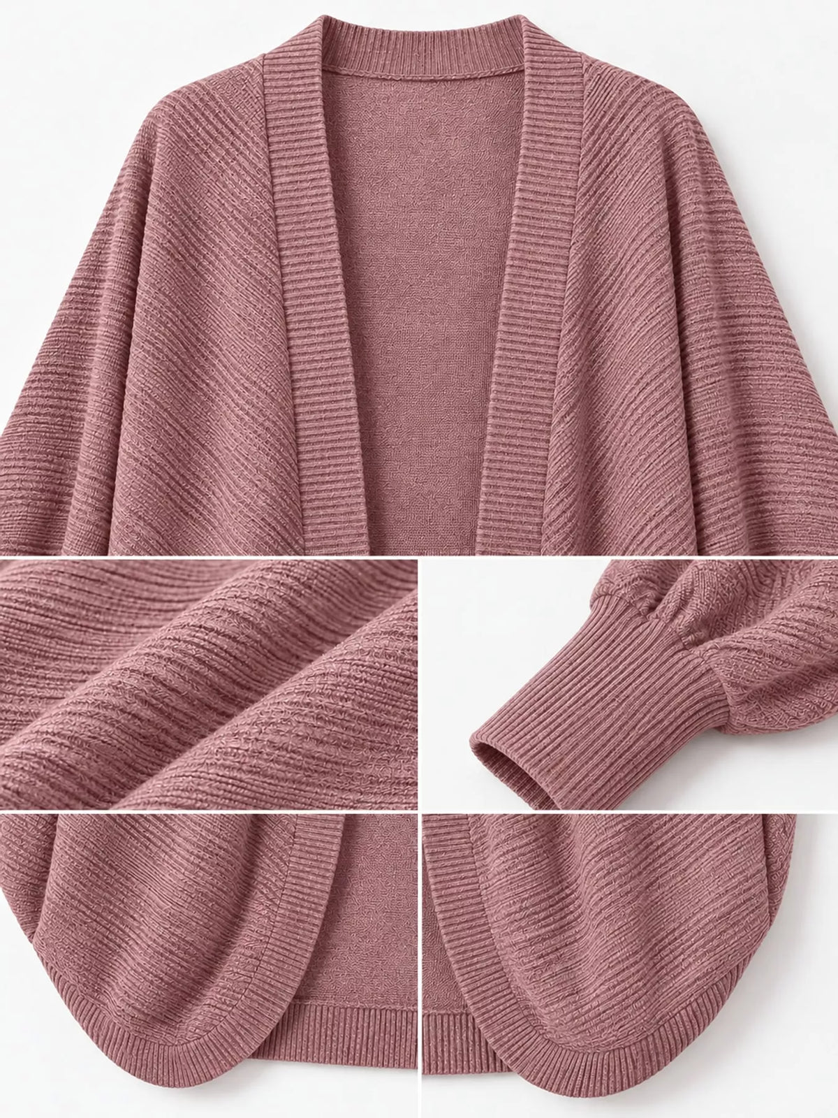 Pink open-front batwing sleeve cardigan, detail view