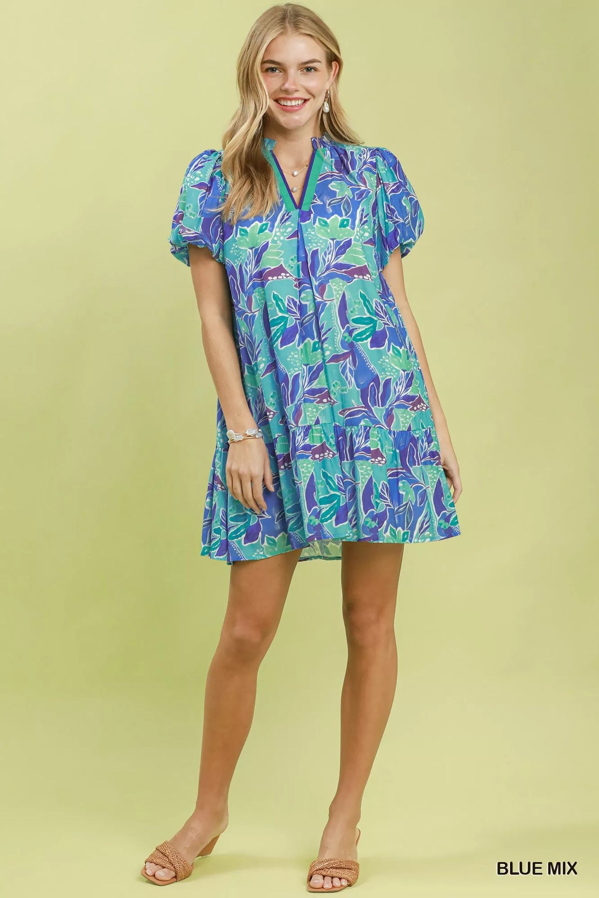 Women's Tropical Floral Puff Sleeve Tiered Mini Dress With Pockets — product view 4