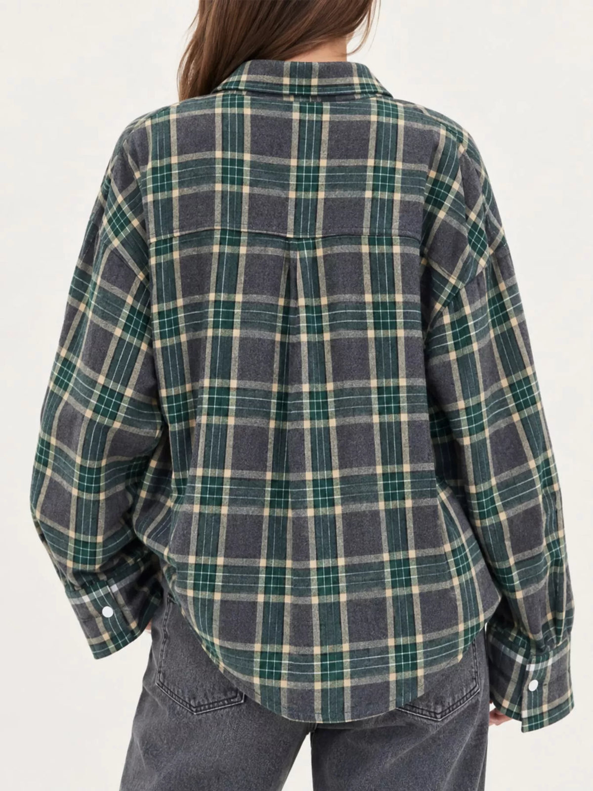 Green plaid button-up shirt with chest pockets, back view