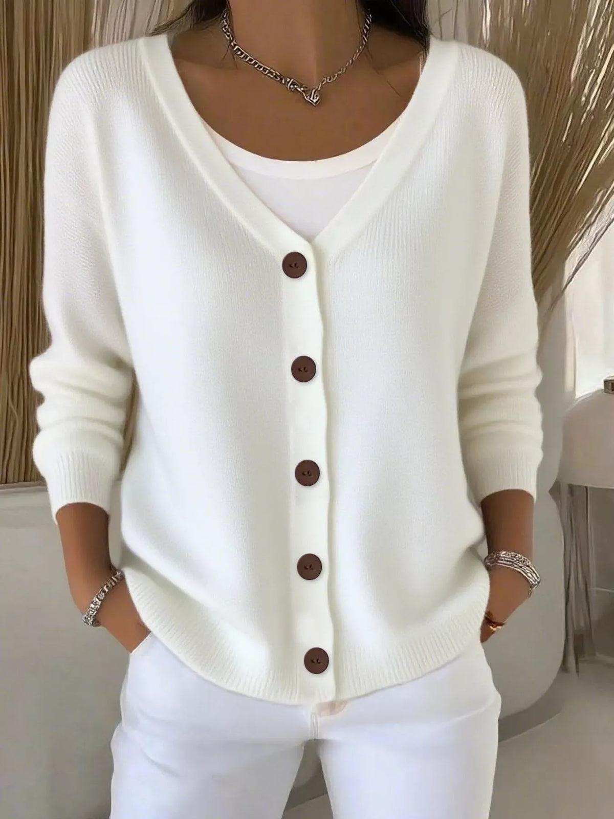 Women's V-Neck Button-Down Knit Cardigan in white — front view