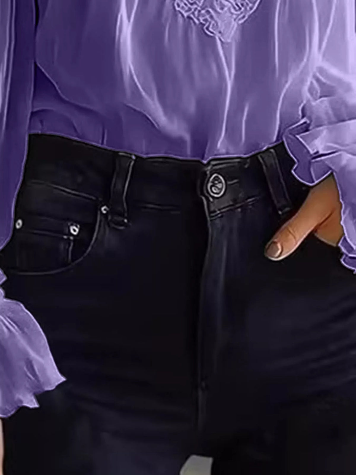 Purple lace V-neck flounce sleeve blouse, blouse fabric and cuff detail
