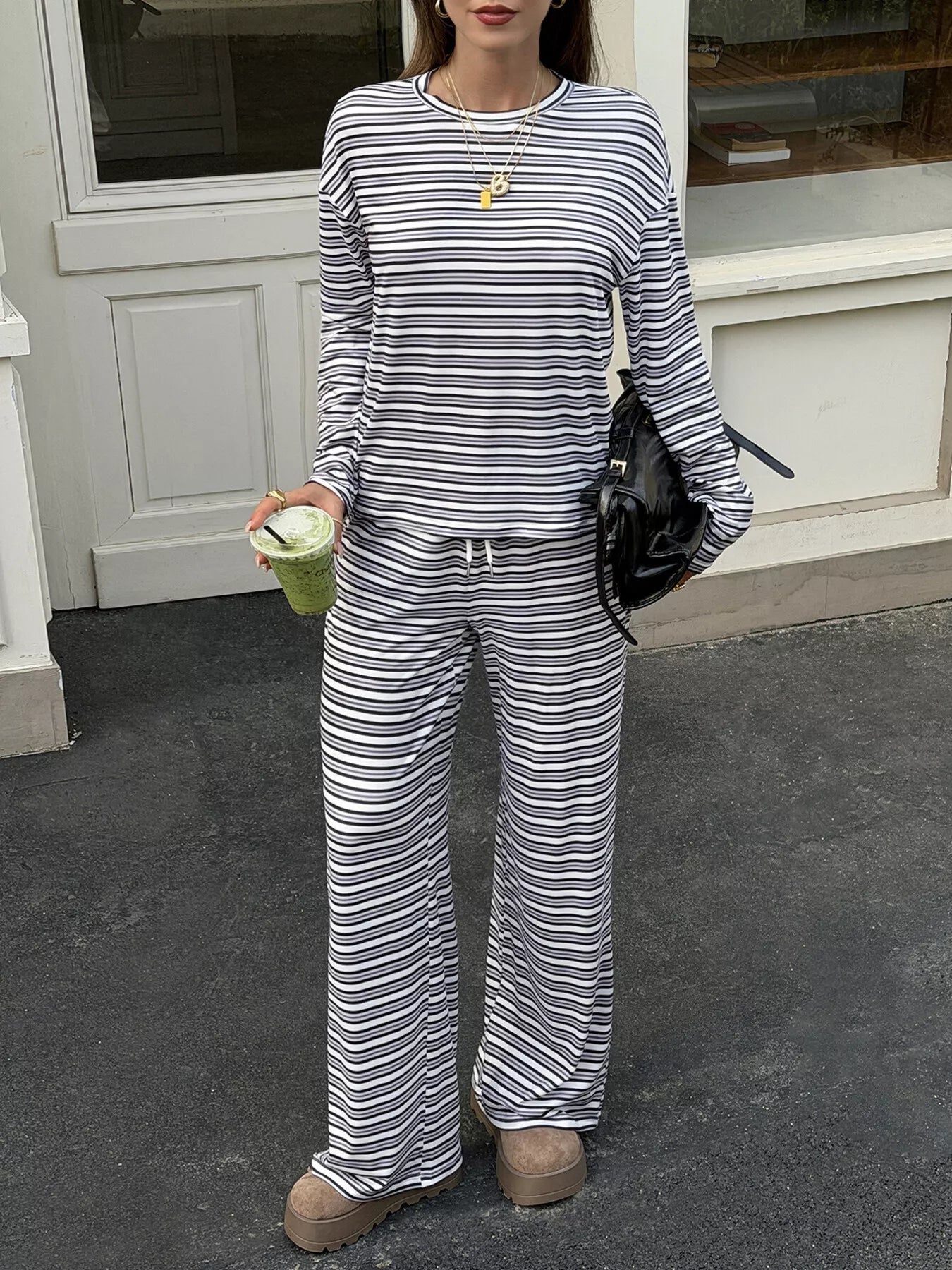 Trendsi Striped Casual Long Sleeve Top and Wide Leg Pants Set -