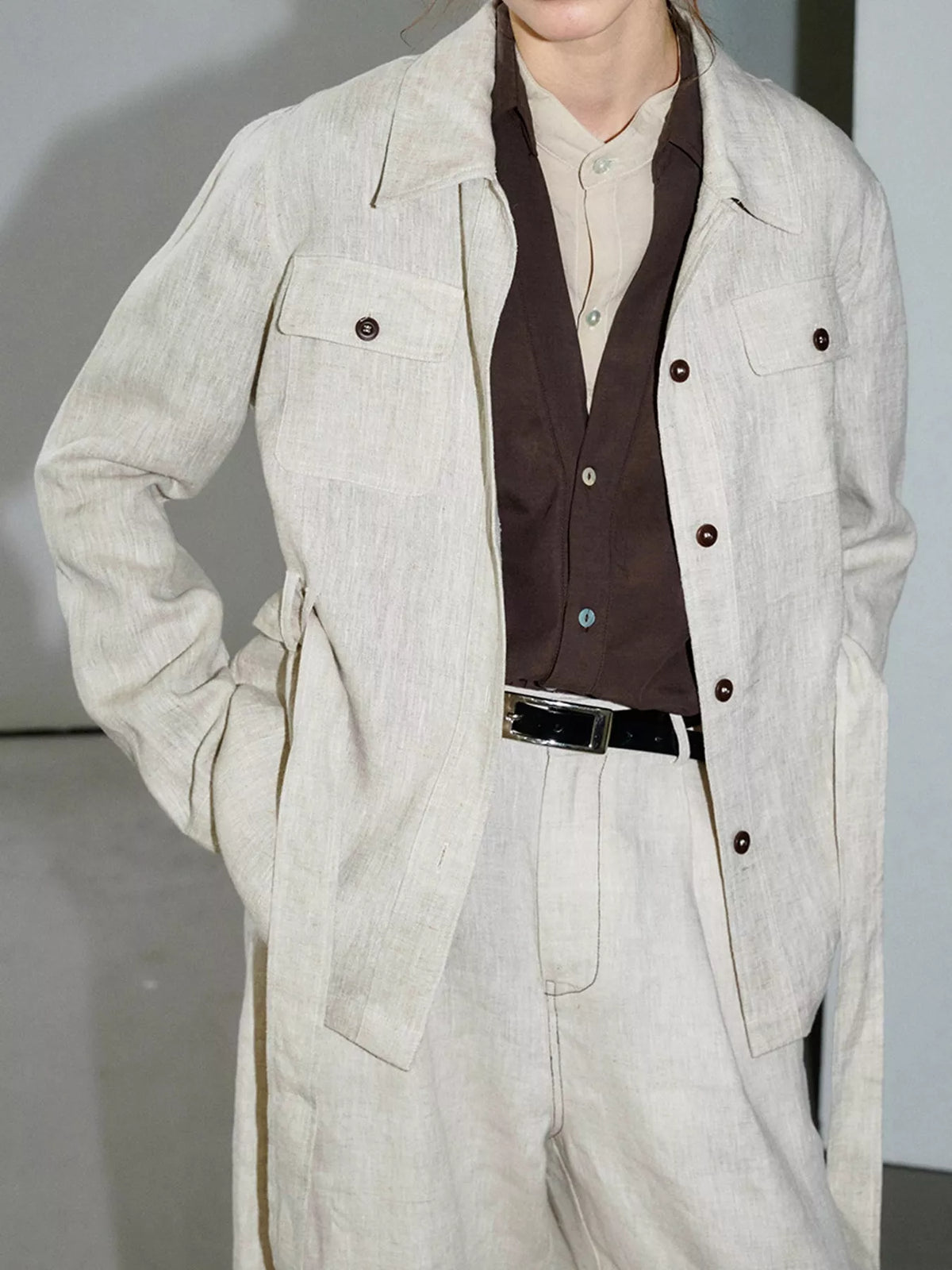 Belted shacket, beige angled front