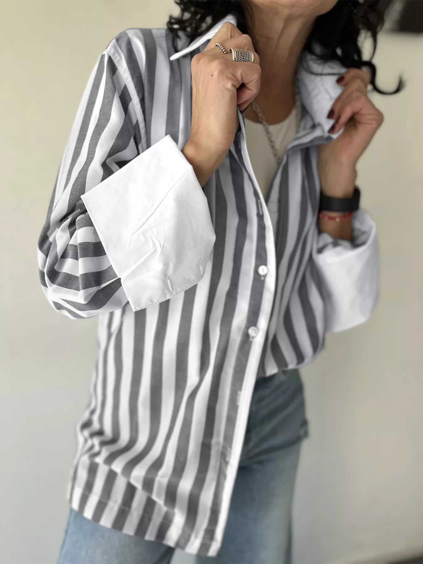 Trendsi Striped Button-Up Long Sleeve Shirt -