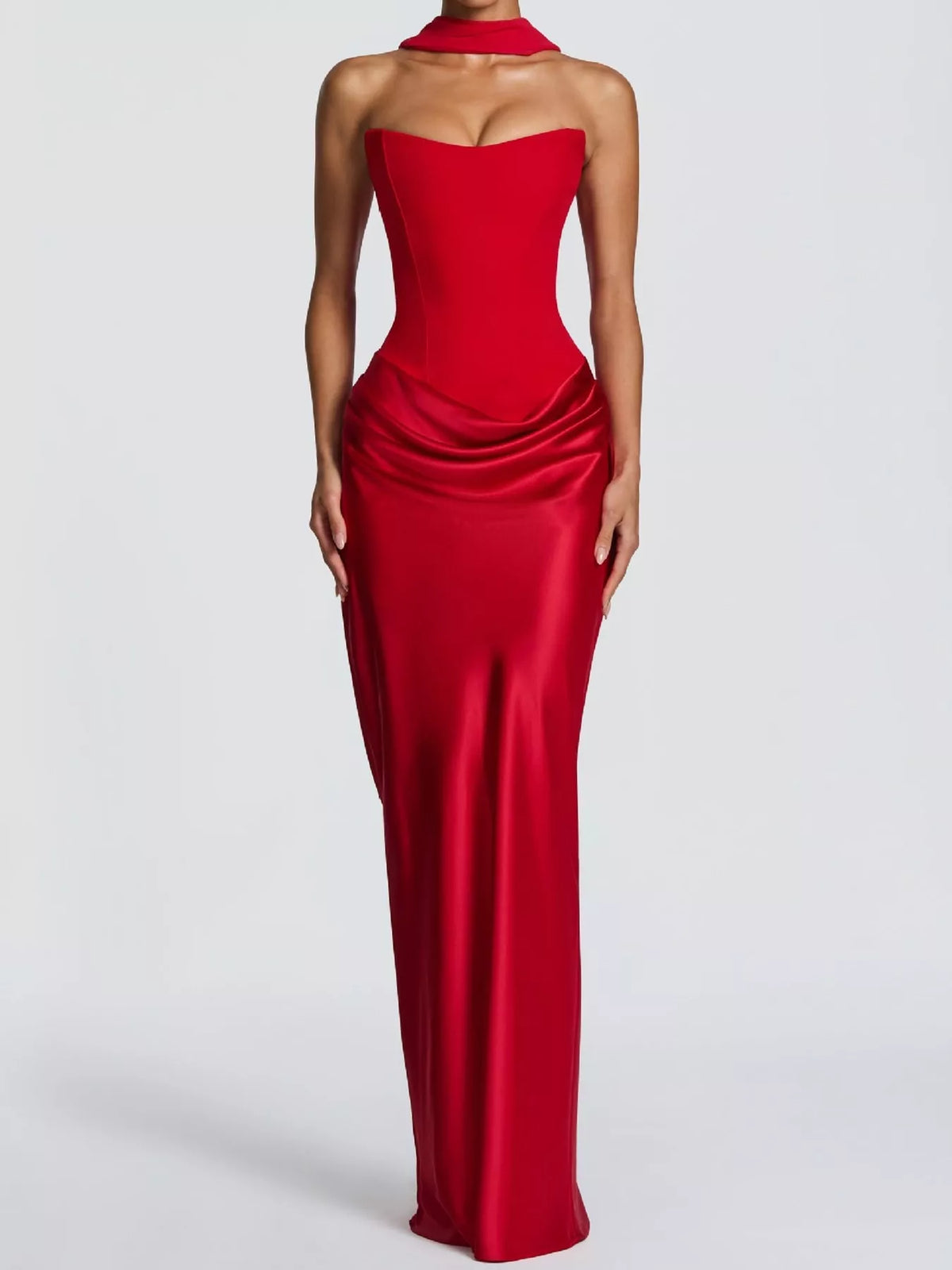Sweetheart neck strapless maxi dress, front view on model