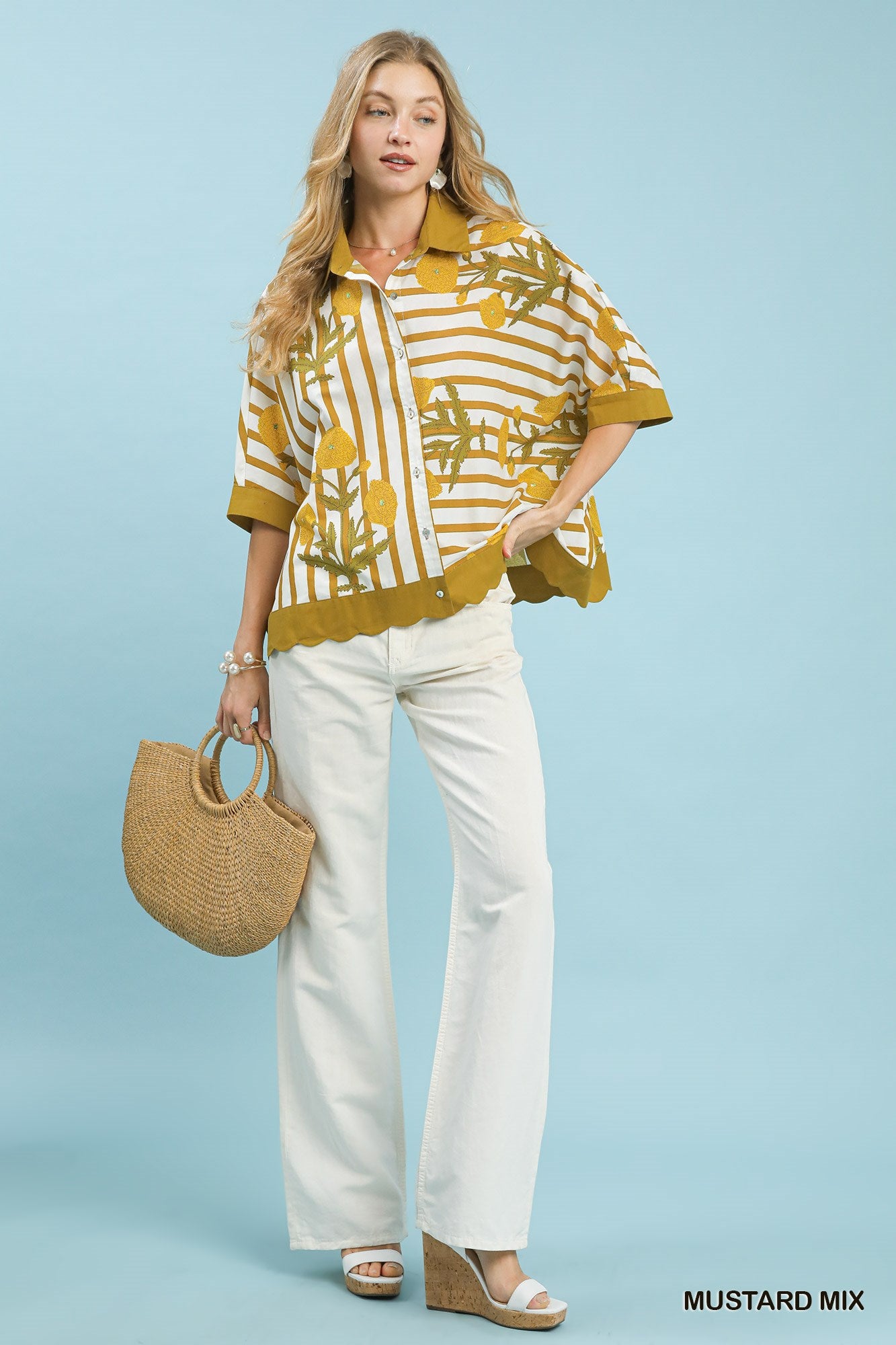 Women's Floral Stripe 100% Cotton Button-Down Shirt — product view 4