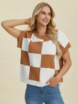 Trendsi Double Take Full Size Checkered Round Neck Short Sleeve Sweater -