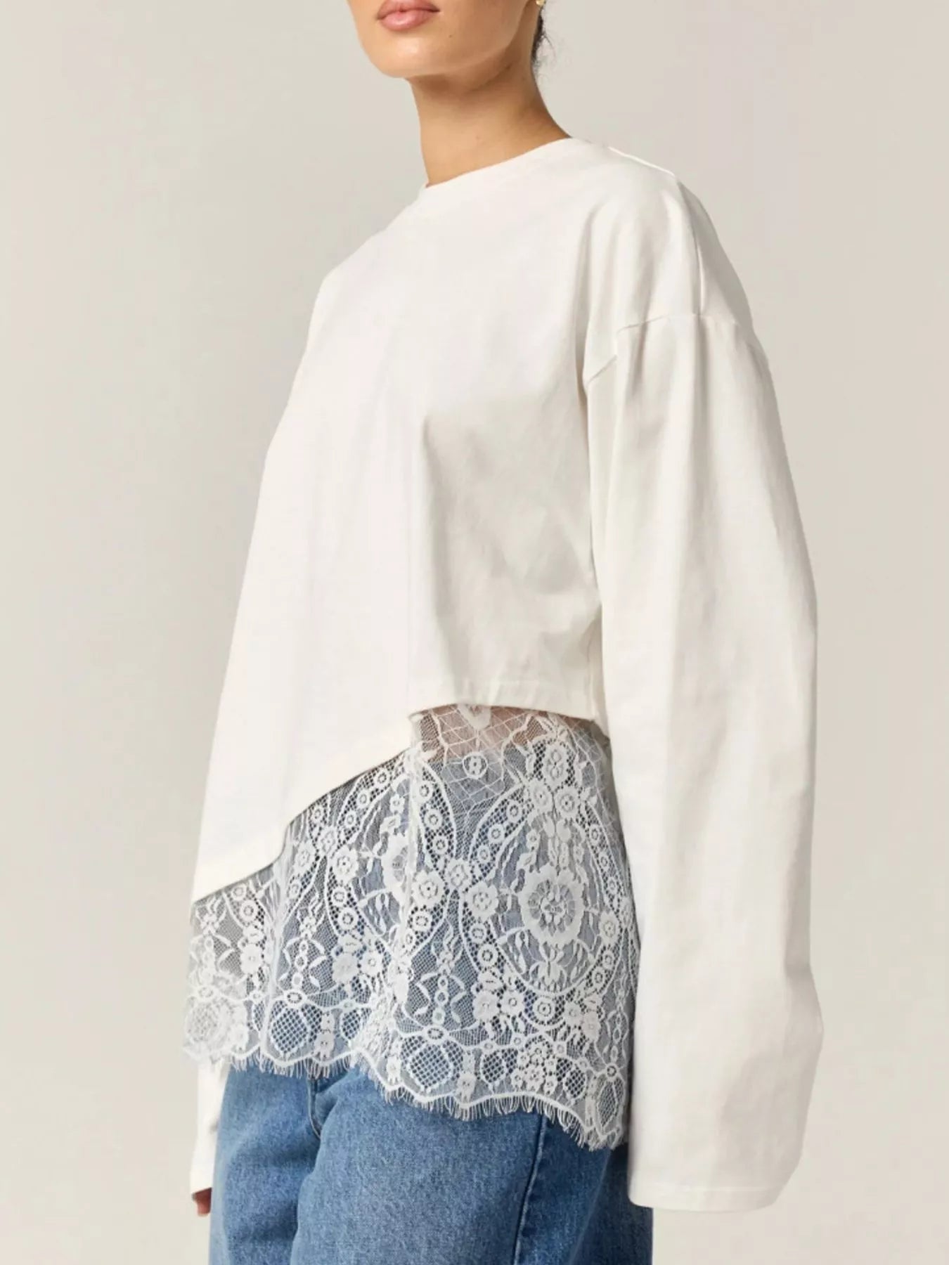 Trendsi Long-Sleeve T-Shirt with Asymmetric Lace Hem -